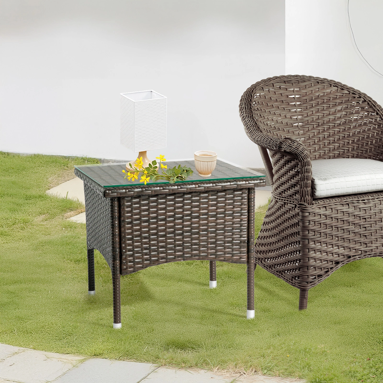 20 Inch Patio Side Table Outdoor, Wicker Square End Table with Glass Top, All-Weather Rattan Coffee Table for Backyard Deck Porch Poolside, Brown view 20