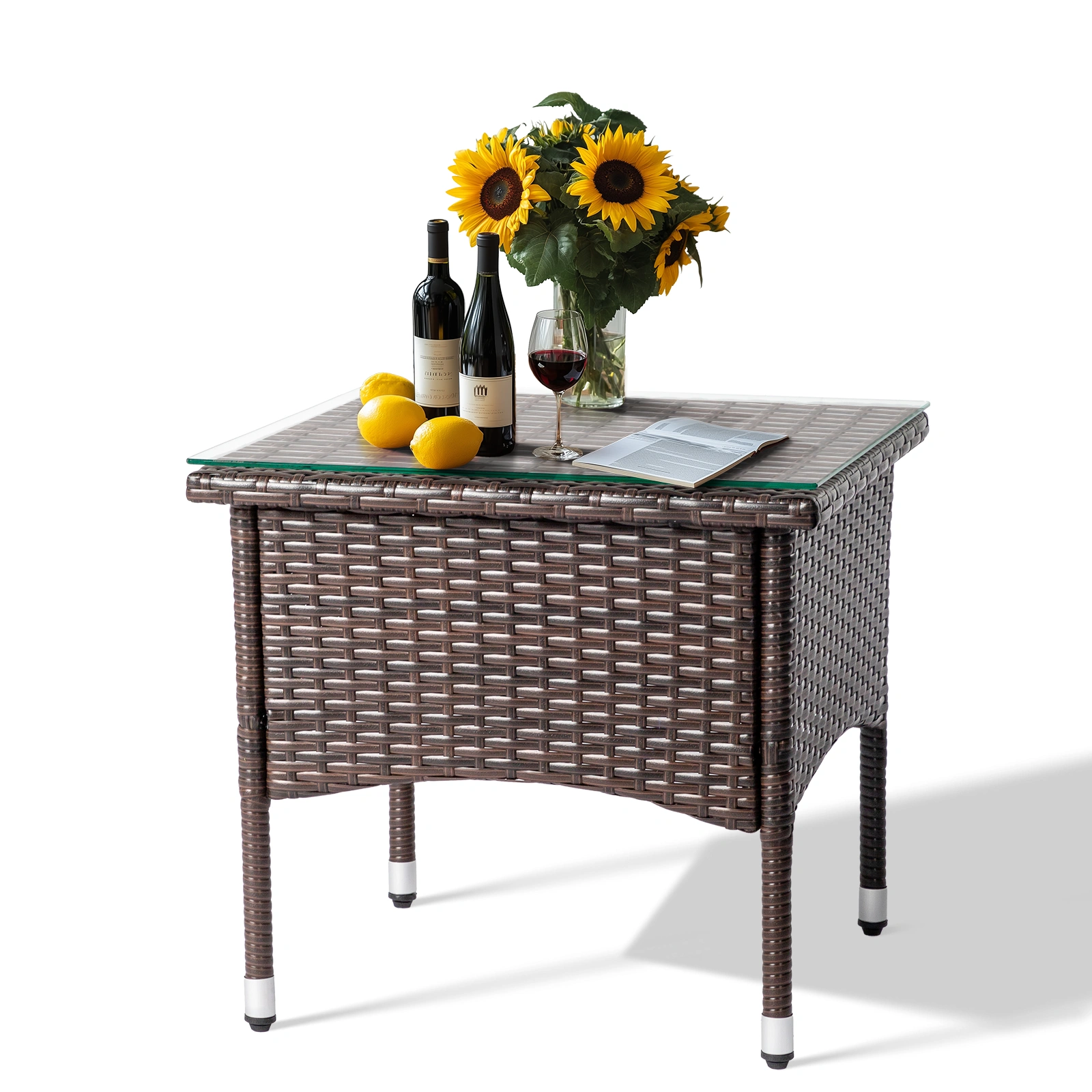 20 Inch Patio Side Table Outdoor, Wicker Square End Table with Glass Top, All-Weather Rattan Coffee Table for Backyard Deck Porch Poolside, Brown view 21