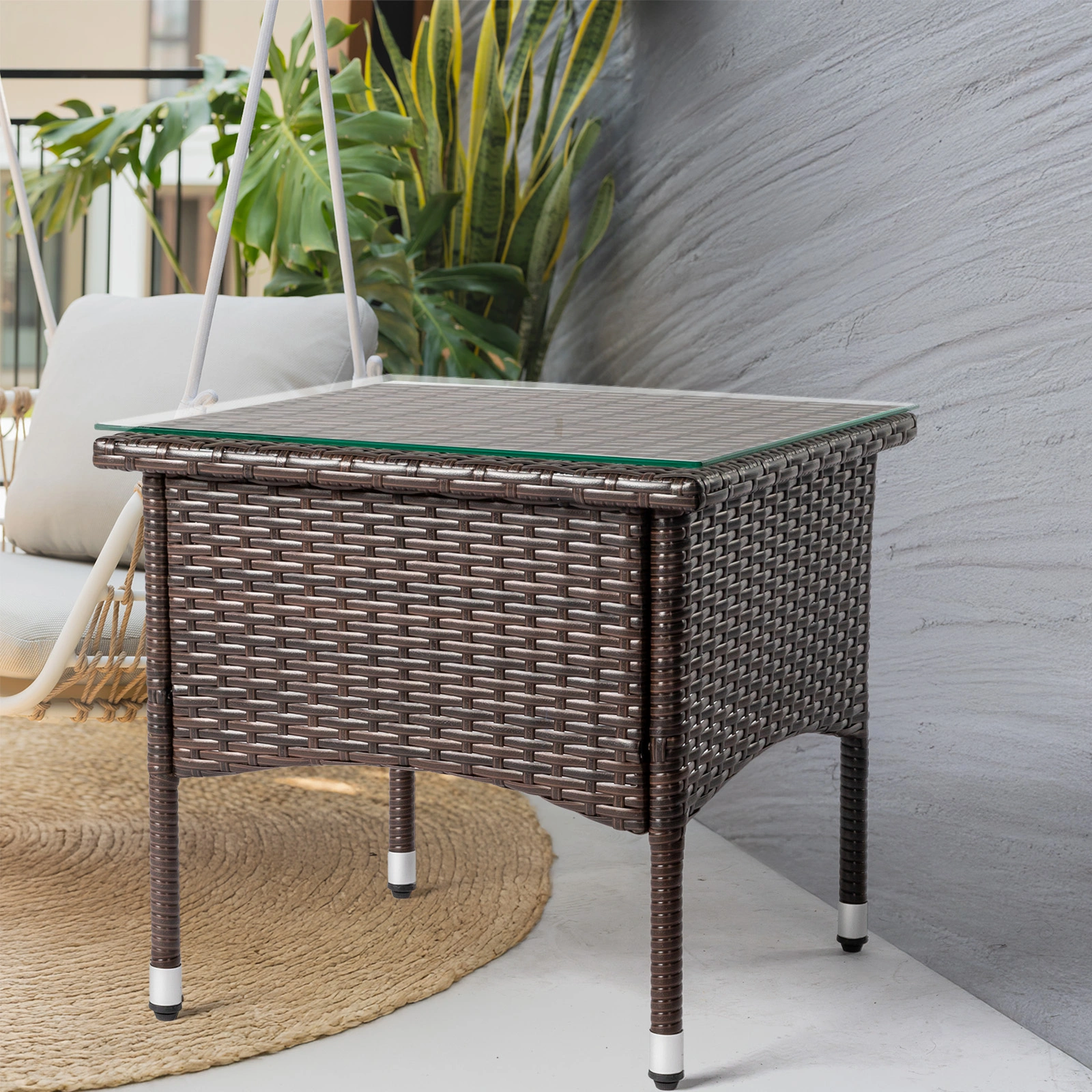 20 Inch Patio Side Table Outdoor, Wicker Square End Table with Glass Top, All-Weather Rattan Coffee Table for Backyard Deck Porch Poolside, Brown view 6