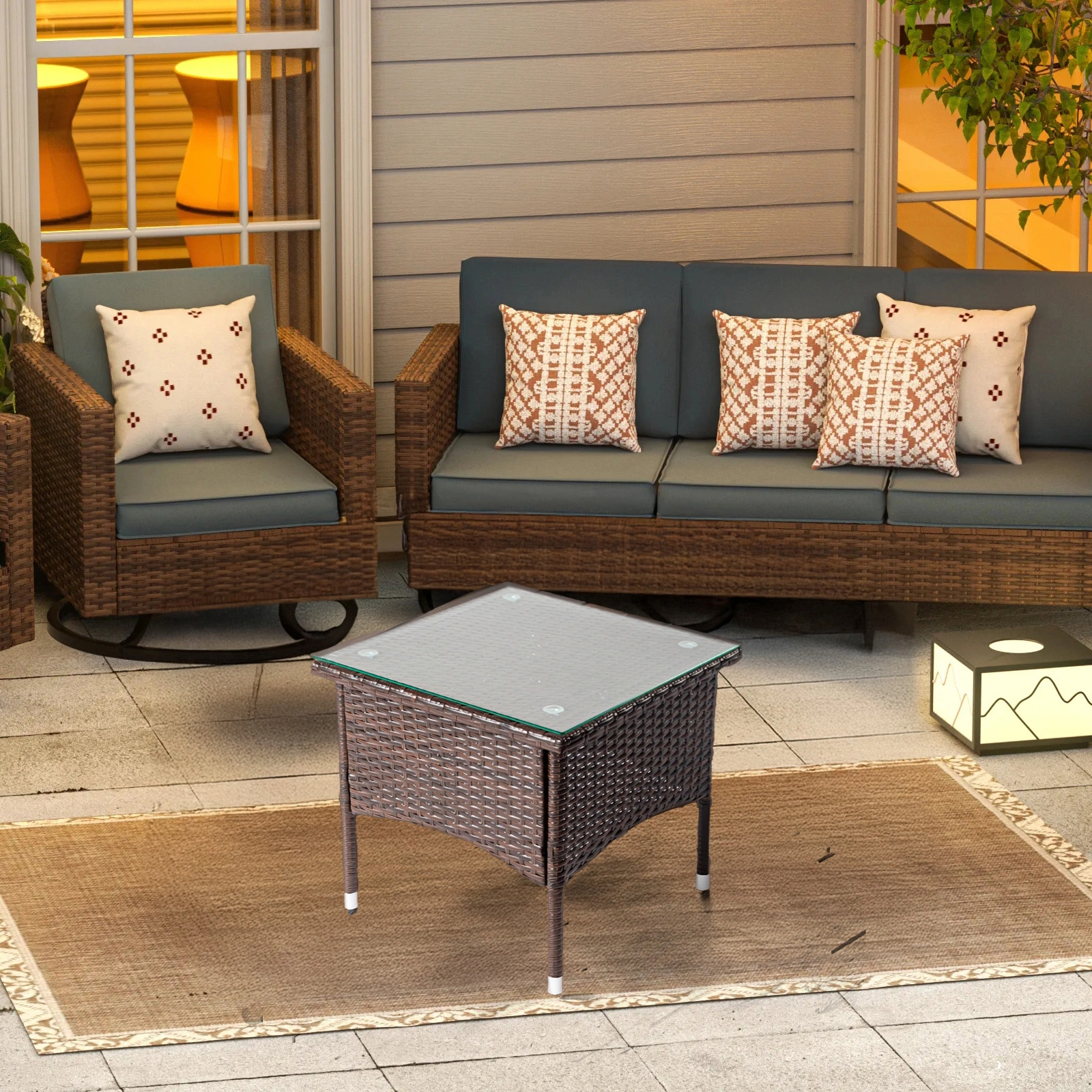 20 Inch Patio Side Table Outdoor, Wicker Square End Table with Glass Top, All-Weather Rattan Coffee Table for Backyard Deck Porch Poolside, Brown view 8
