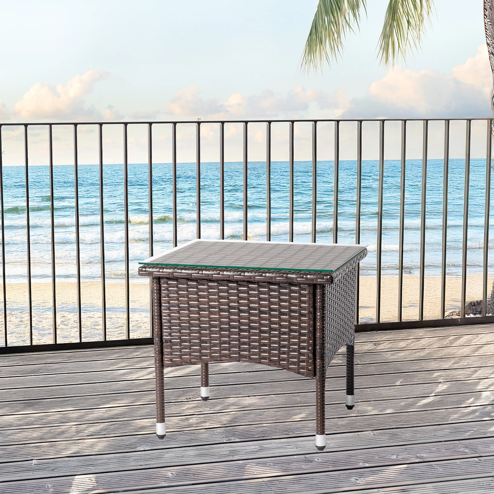 20 Inch Patio Side Table Outdoor, Wicker Square End Table with Glass Top, All-Weather Rattan Coffee Table for Backyard Deck Porch Poolside, Brown view 9
