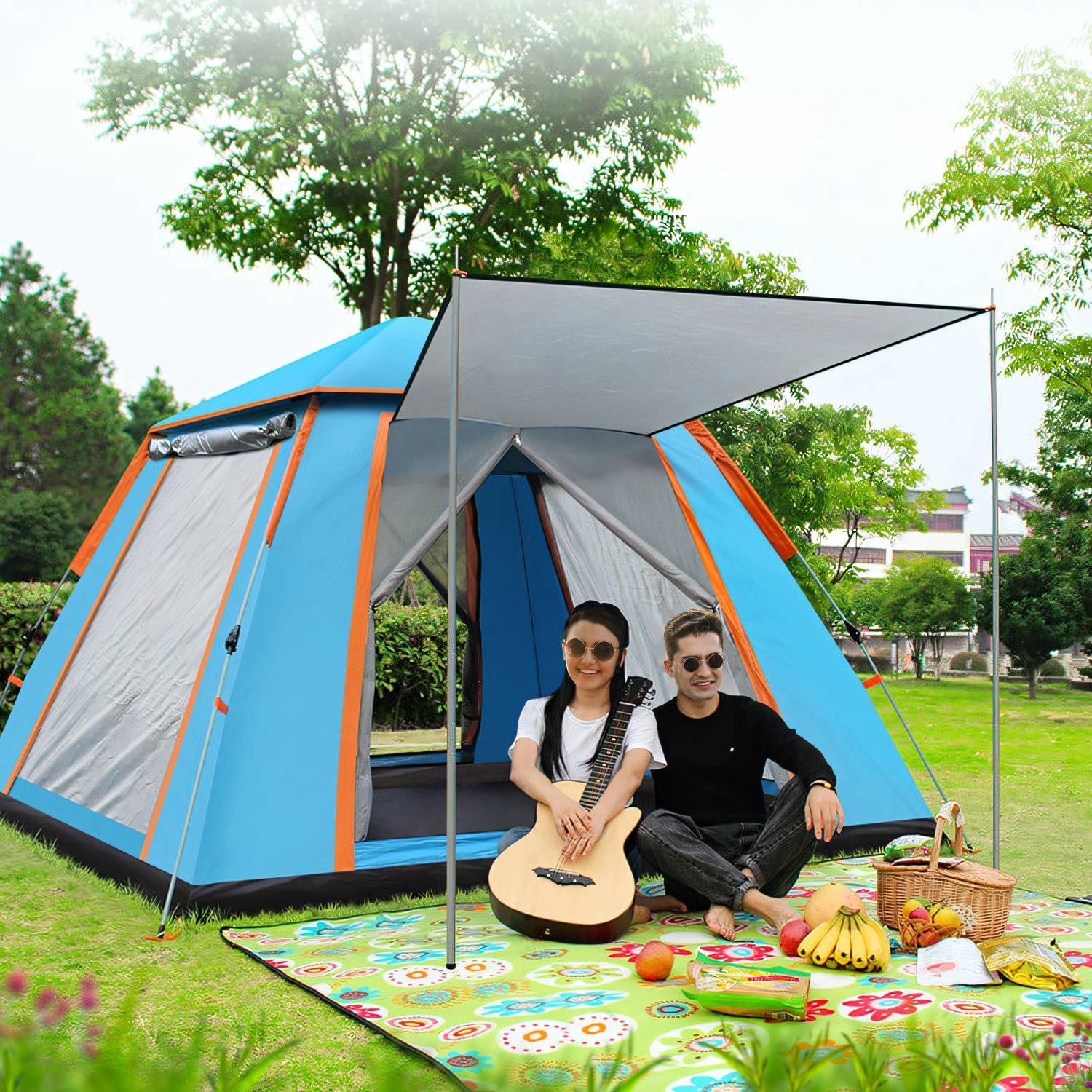 4-5 Person Pop-Up Camping Tent, Instant Setup Family Tent with 2 Mosquito Nets Windows, Portable for Hiking, Backpacking & Outdoor Adventures, Waterproof & Windproof--Blue view 4