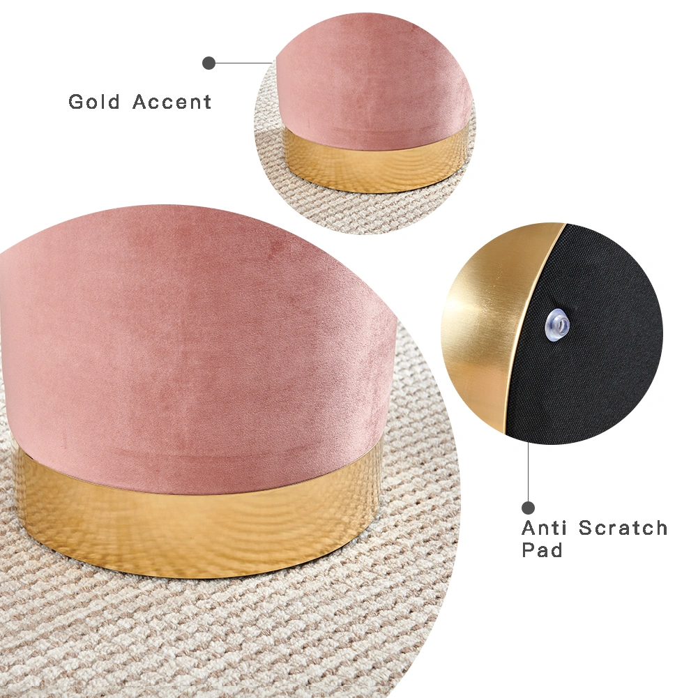 Pink Velvet Round Vanity Stool - Vintage Upholstered Ottoman Footrest with Gold Metal Base, Dressing Table Pouffe for Bedroom & Living Room view 3