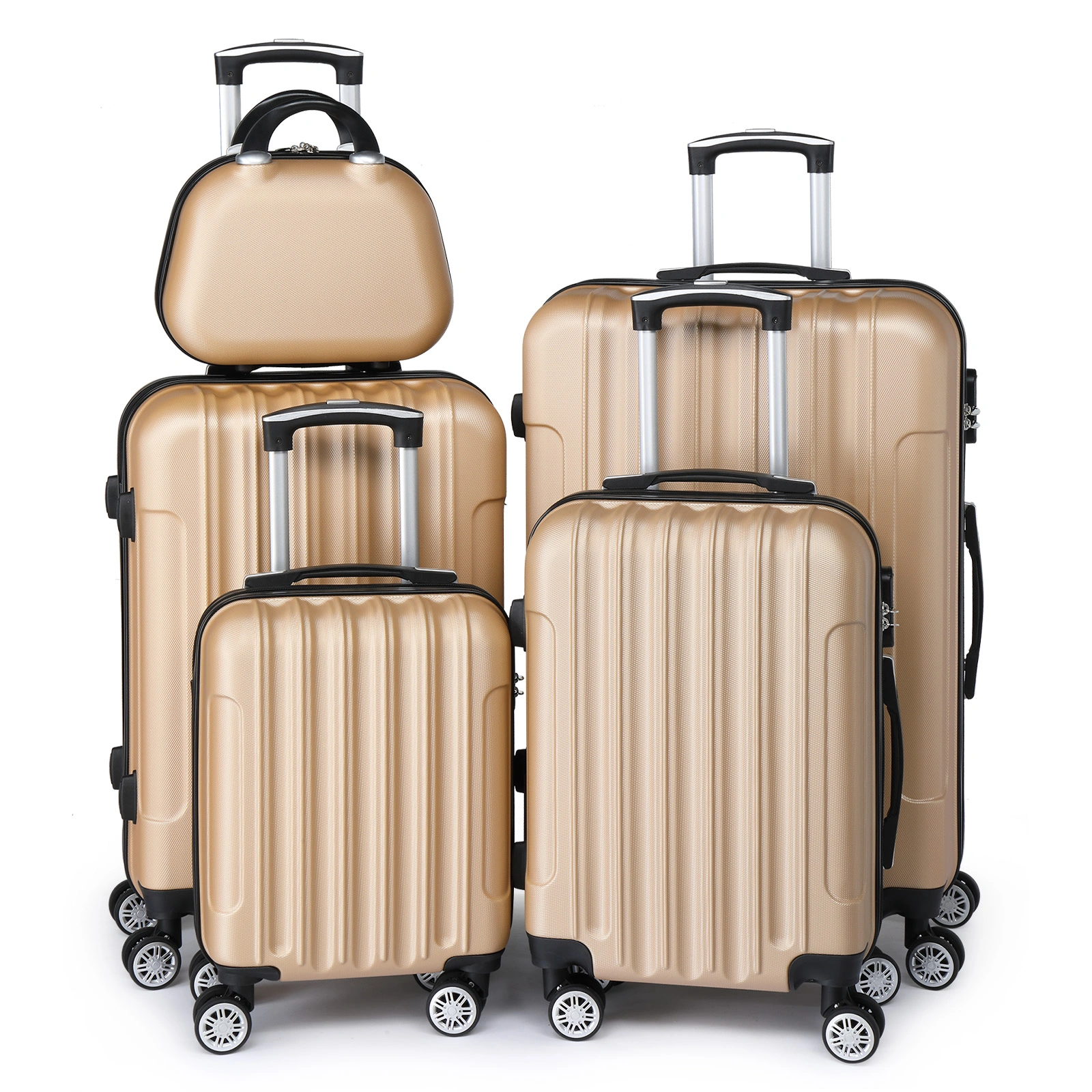 ABS Luggage Set 5 Piece Vertical Stripe 16 20 24 28 Inch with 12in Handbag Steel Telescopic Handle Champagne Gold
