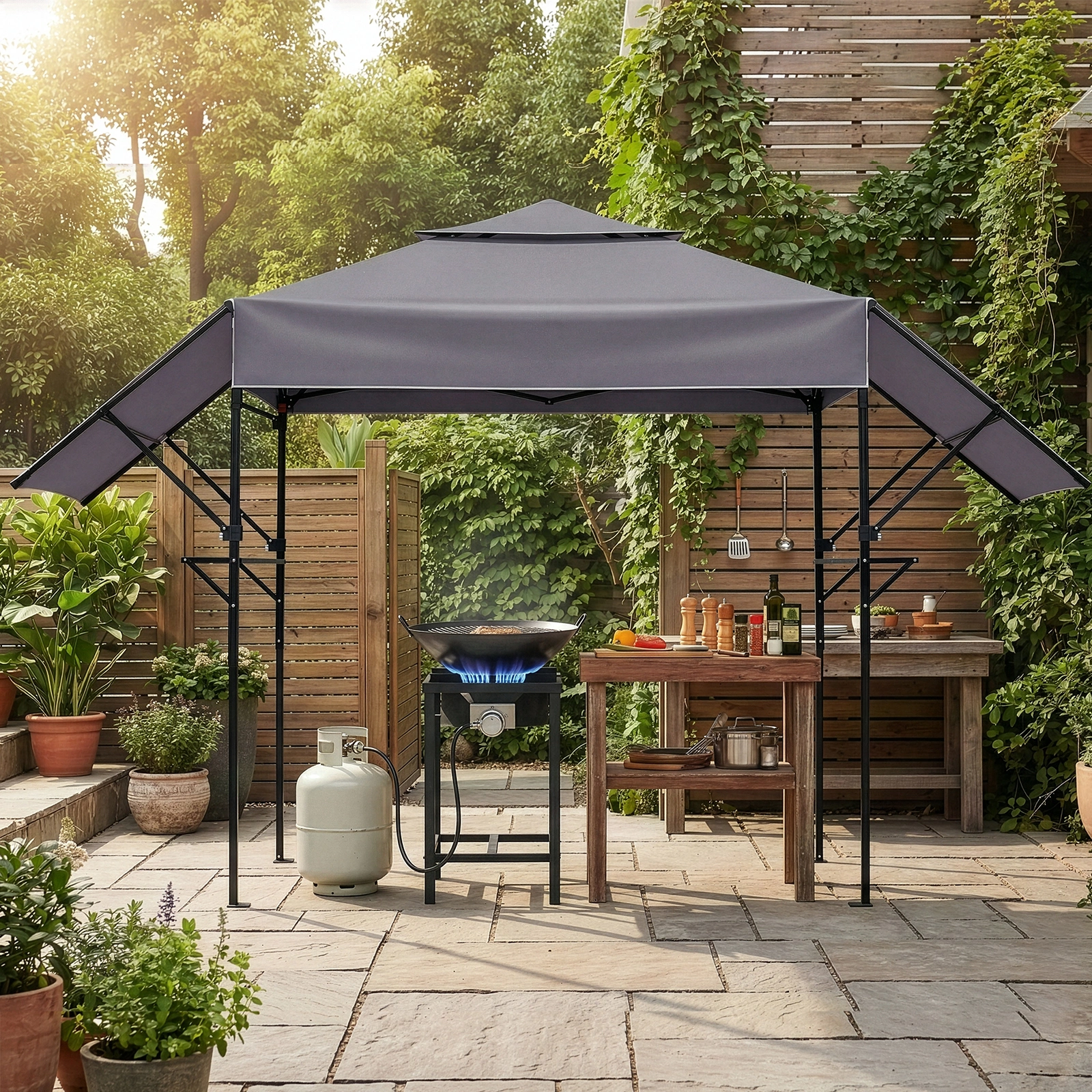 3.3x12.5FT Double Top Grill Gazebo, Dark Gray Polyester BBQ Canopy with Adjustable Side Sunshades, Black Powder Coated Folding Frame, Mesh Trays & Carry Bag view 17
