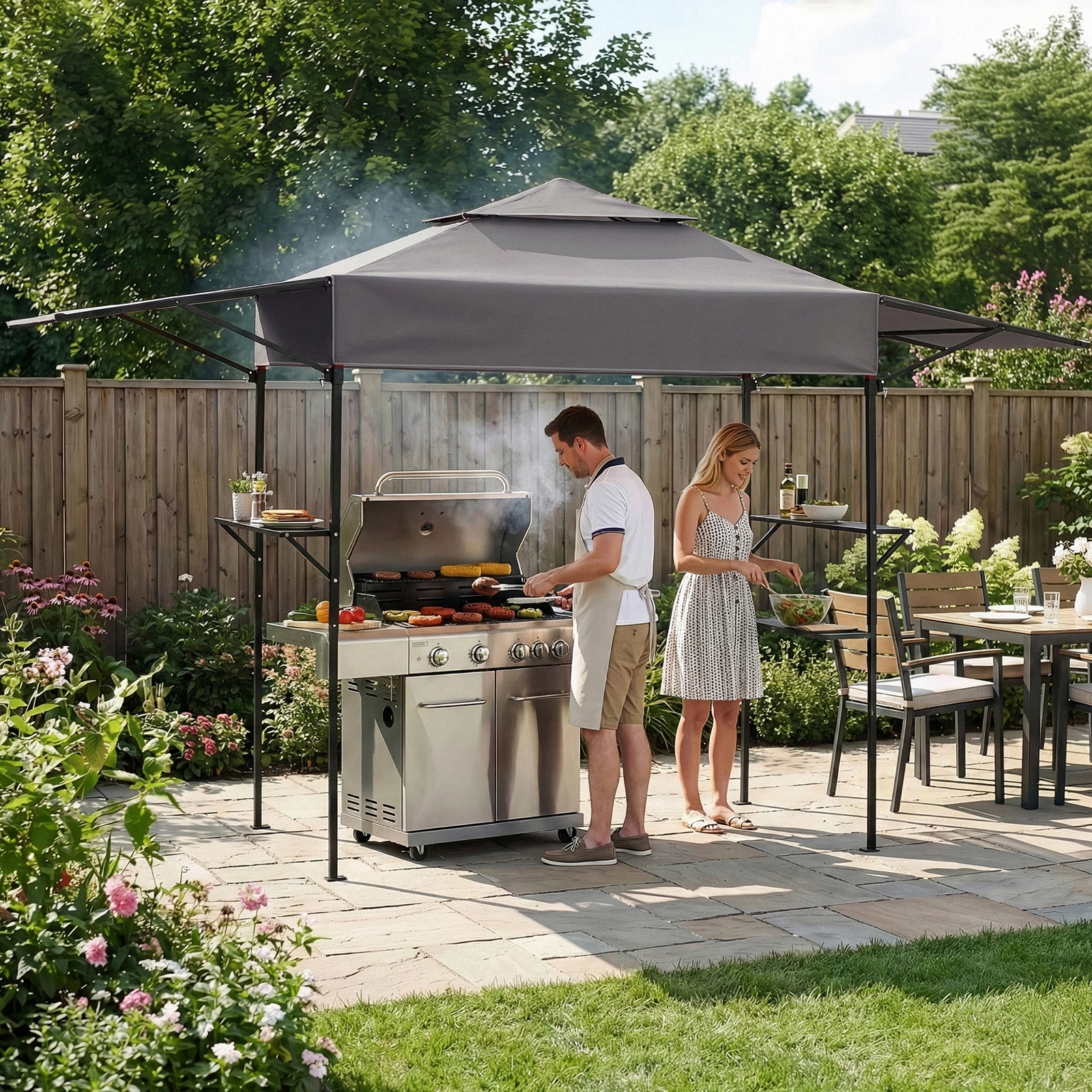 3.3x12.5FT Double Top Grill Gazebo, Dark Gray Polyester BBQ Canopy with Adjustable Side Sunshades, Black Powder Coated Folding Frame, Mesh Trays & Carry Bag view 18