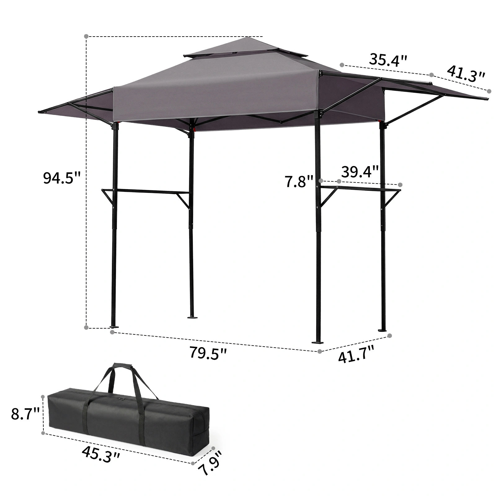3.3x12.5FT Double Top Grill Gazebo, Dark Gray Polyester BBQ Canopy with Adjustable Side Sunshades, Black Powder Coated Folding Frame, Mesh Trays & Carry Bag view 4