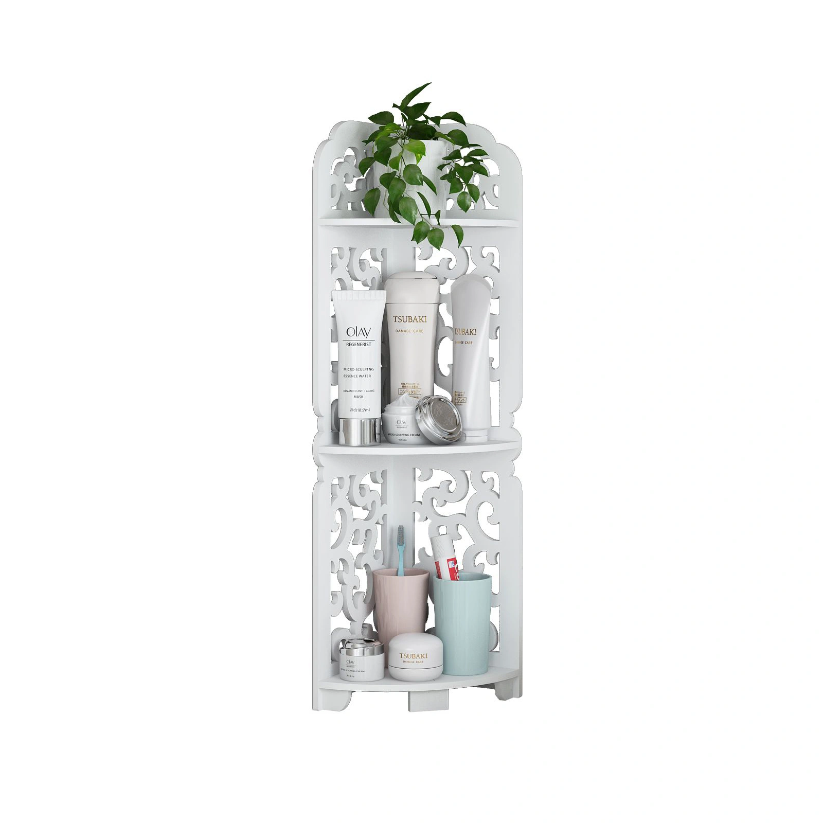 3 Tier White Wooden Corner Shelf, Bathroom Storage Organizer Rack, Home Decor Entryway Display Unit