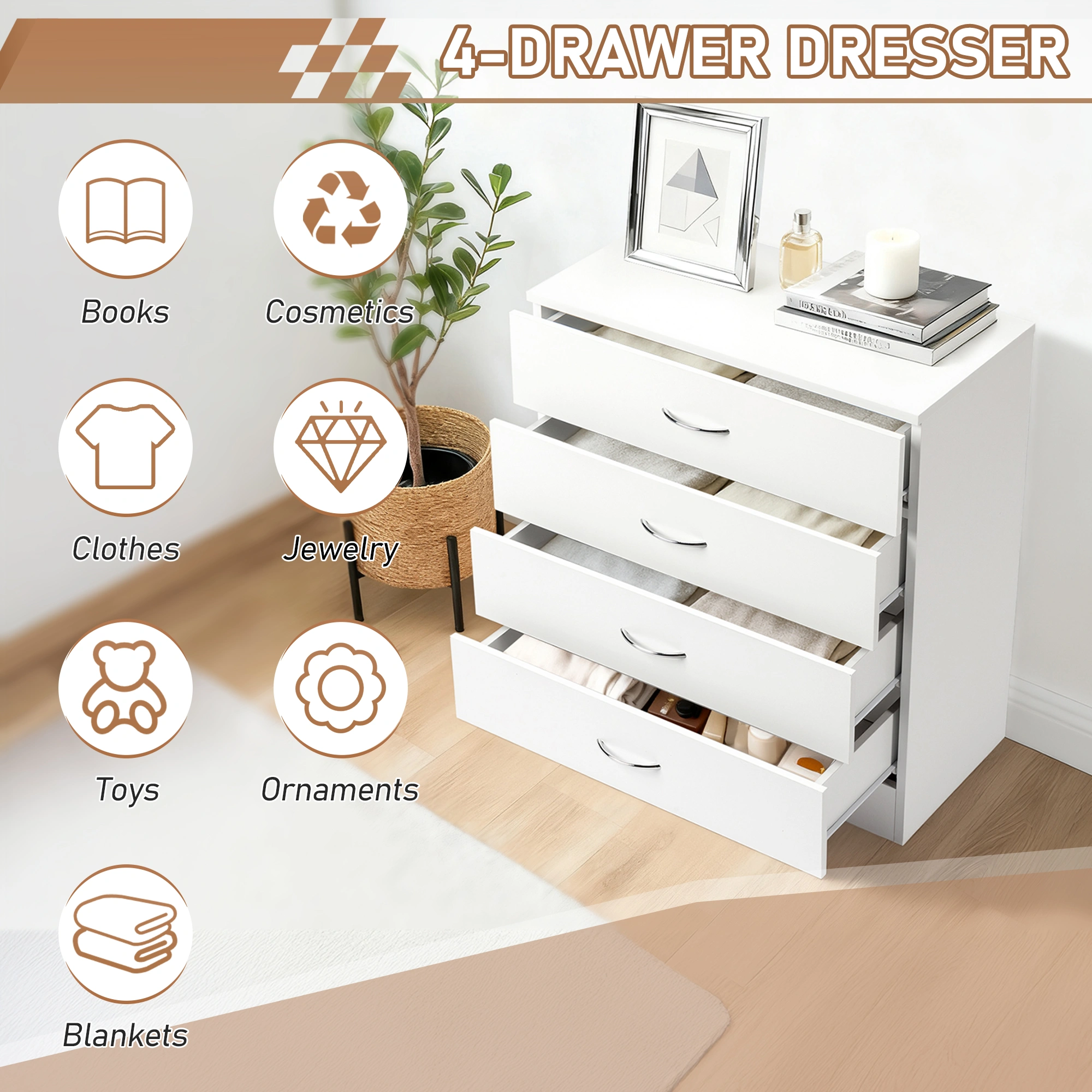 MDF Wood Simple 4-Drawer Dresser White view 13