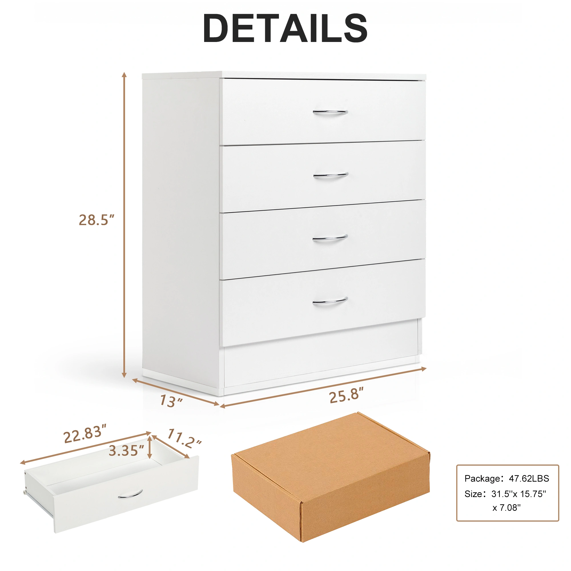 MDF Wood Simple 4-Drawer Dresser White view 14