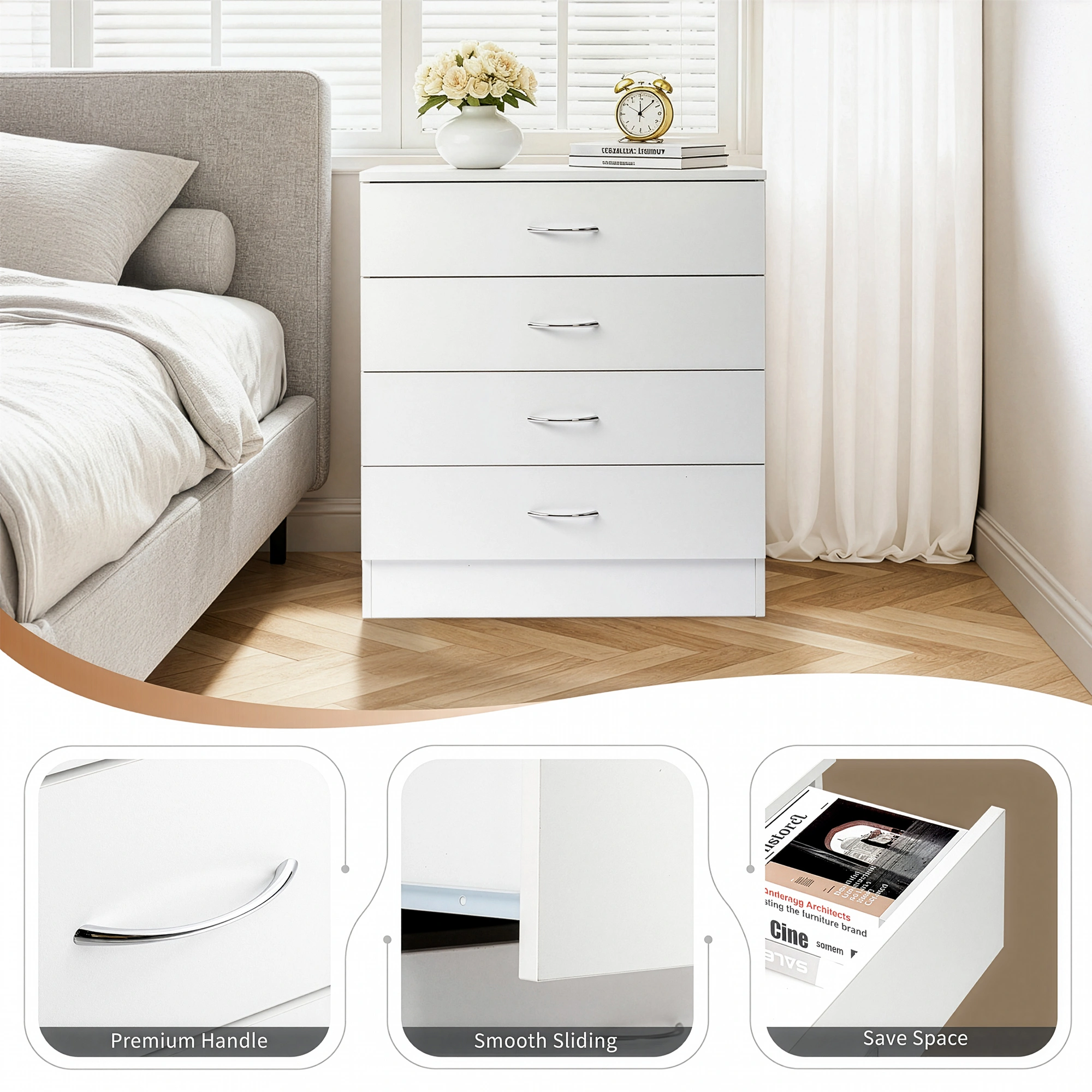 MDF Wood Simple 4-Drawer Dresser White view 20