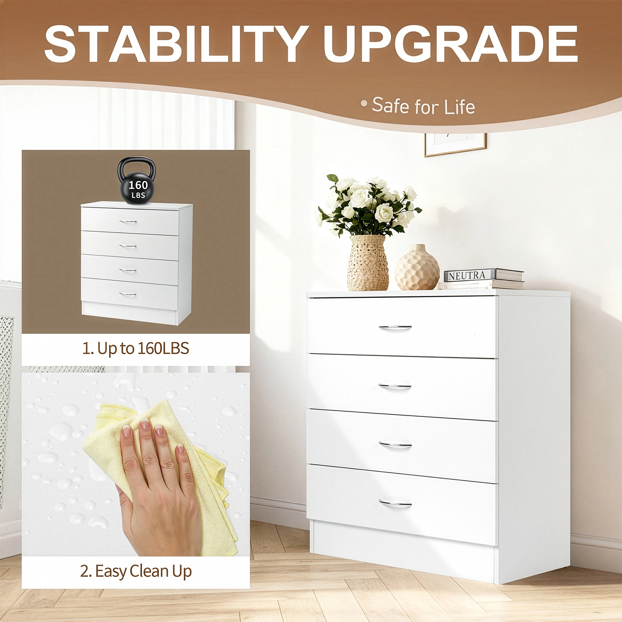 MDF Wood Simple 4-Drawer Dresser White view 21