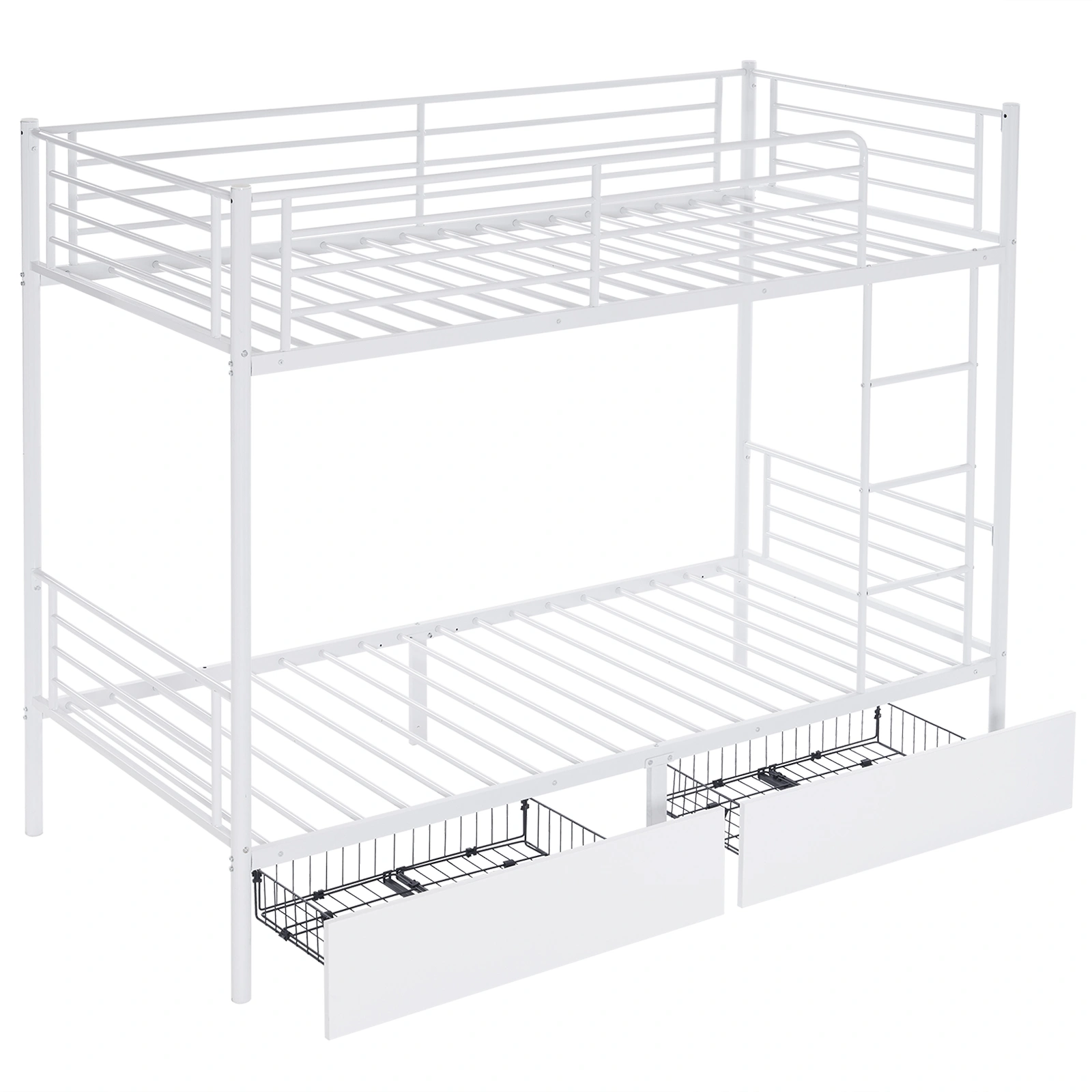 Twin Over Twin Metal Bunk Bed with 2 Storage Drawers, Full-Length Guard Rail, Heavy Duty Bed Frame for Kids Teens Adults, White view 2
