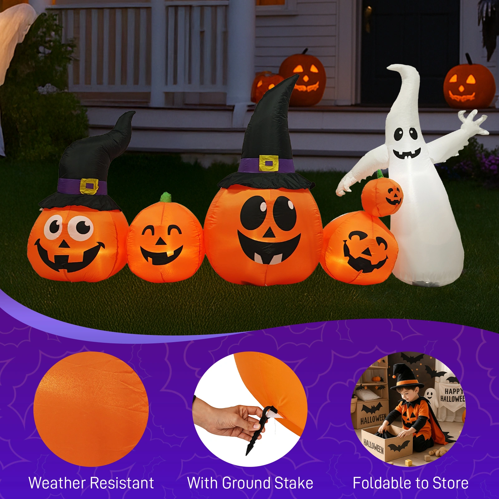 8FT Halloween Inflatable Pumpkins and Ghost Yard Decoration, Outdoor Indoor Blow Up Decor with Built-in LED Lights, Lawn Garden Haunted Display view 7