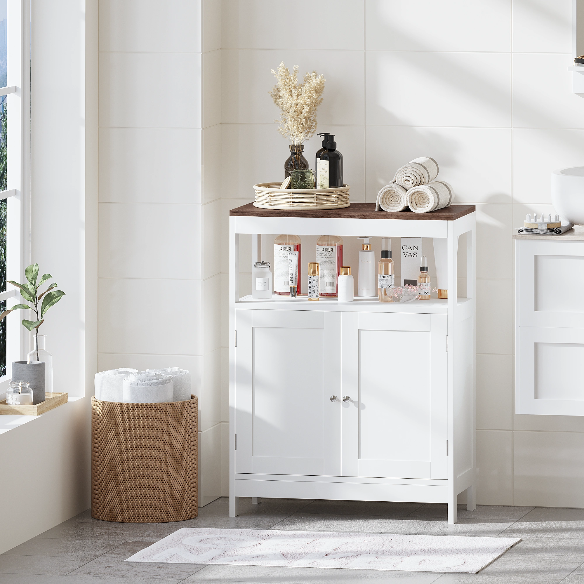 Modern Storage Cabinet with Double Doors, Free-Standing Bathroom Cabinet with Adjustable Shelf and Natural Wood Top, Multi-Purpose Organizer for Kitchen, Living Room, Bathroom or Entryway – White