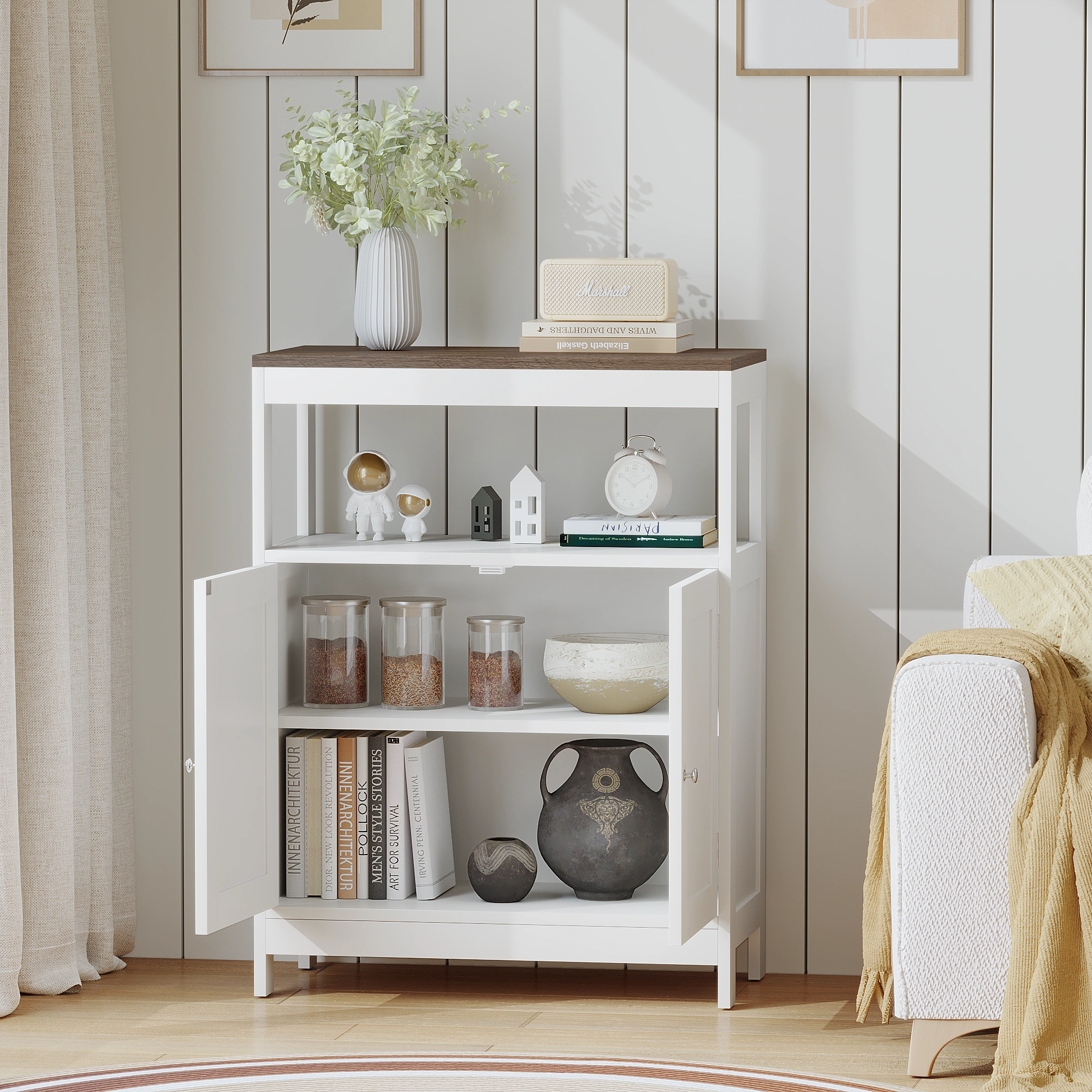 Modern Storage Cabinet with Double Doors, Free-Standing Bathroom Cabinet with Adjustable Shelf and Natural Wood Top, Multi-Purpose Organizer for Kitchen, Living Room, Bathroom or Entryway – White view 10