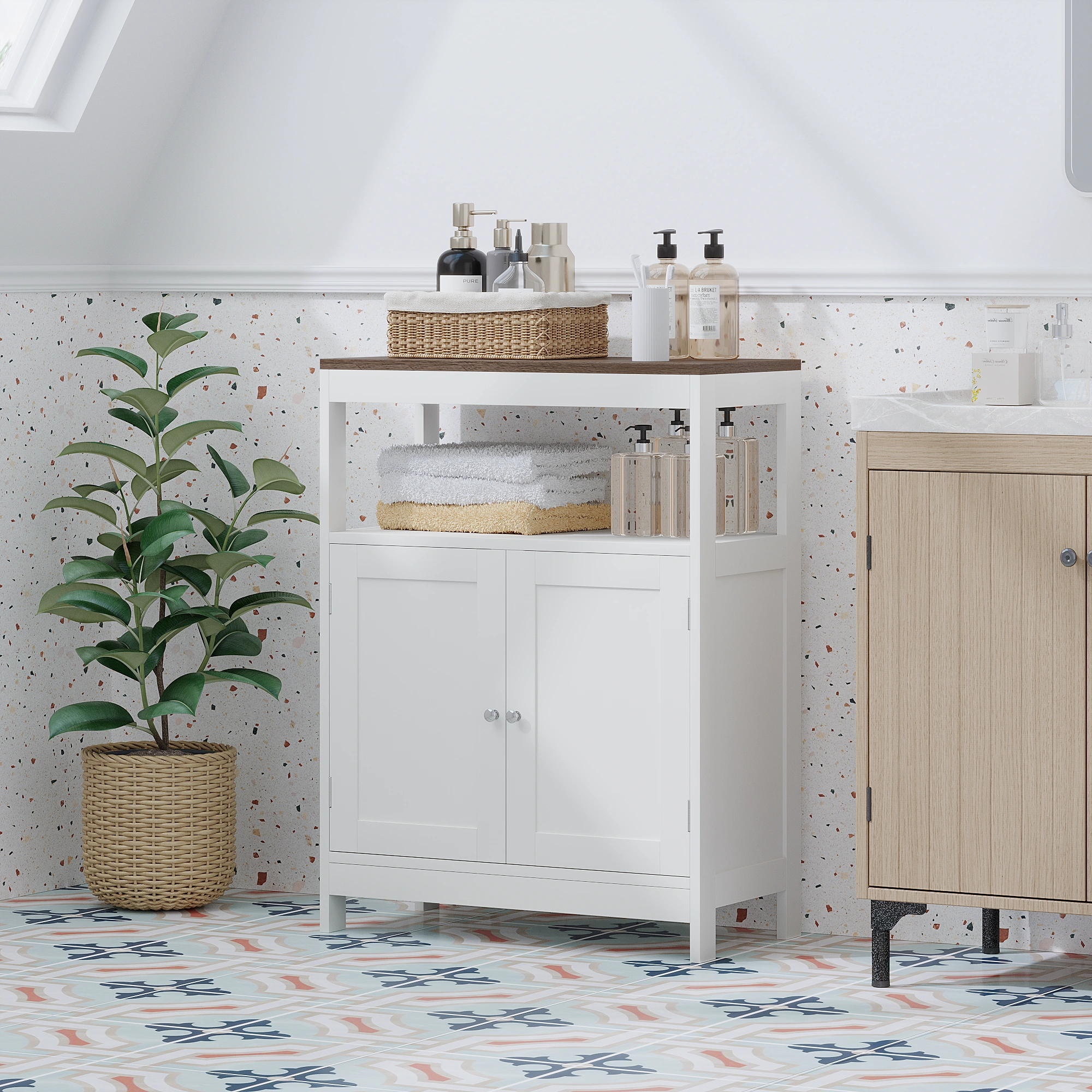 Modern Storage Cabinet with Double Doors, Free-Standing Bathroom Cabinet with Adjustable Shelf and Natural Wood Top, Multi-Purpose Organizer for Kitchen, Living Room, Bathroom or Entryway – White view 11