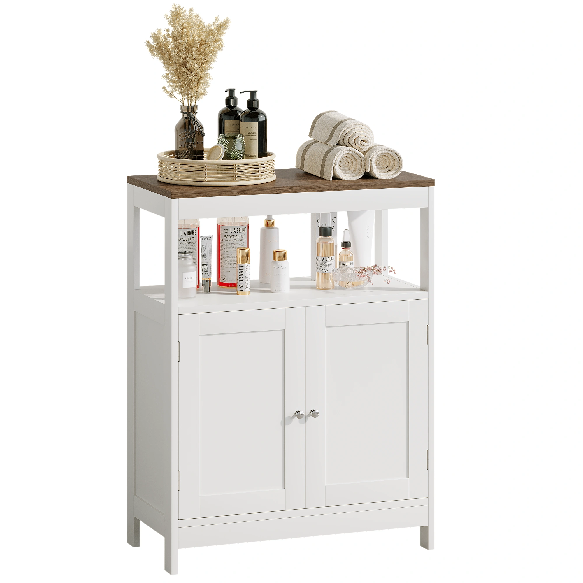 Modern Storage Cabinet with Double Doors, Free-Standing Bathroom Cabinet with Adjustable Shelf and Natural Wood Top, Multi-Purpose Organizer for Kitchen, Living Room, Bathroom or Entryway – White view 12