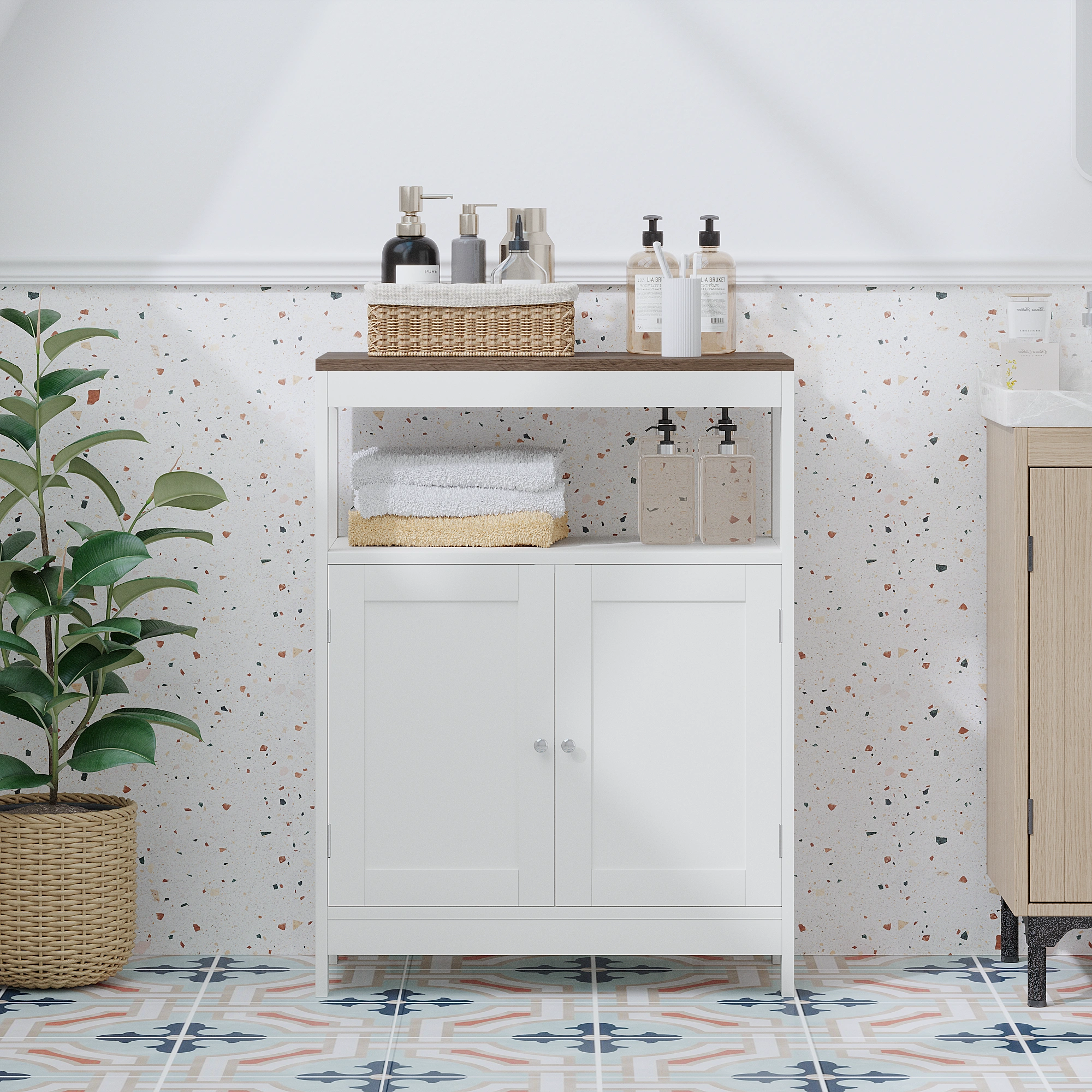 Modern Storage Cabinet with Double Doors, Free-Standing Bathroom Cabinet with Adjustable Shelf and Natural Wood Top, Multi-Purpose Organizer for Kitchen, Living Room, Bathroom or Entryway – White view 13