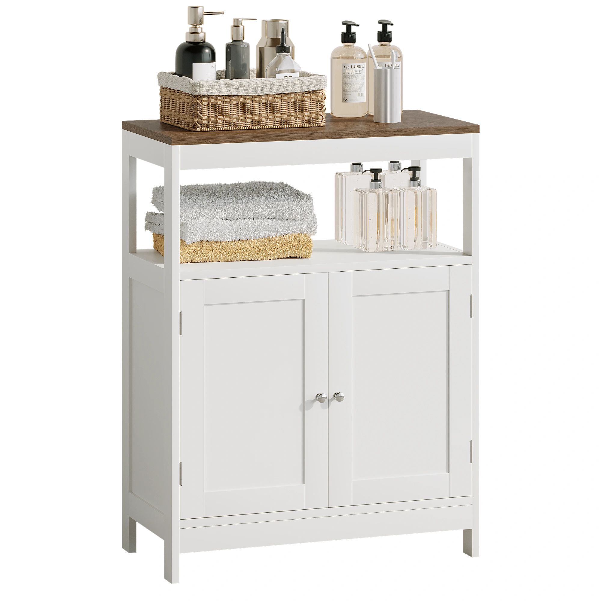Modern Storage Cabinet with Double Doors, Free-Standing Bathroom Cabinet with Adjustable Shelf and Natural Wood Top, Multi-Purpose Organizer for Kitchen, Living Room, Bathroom or Entryway – White view 14