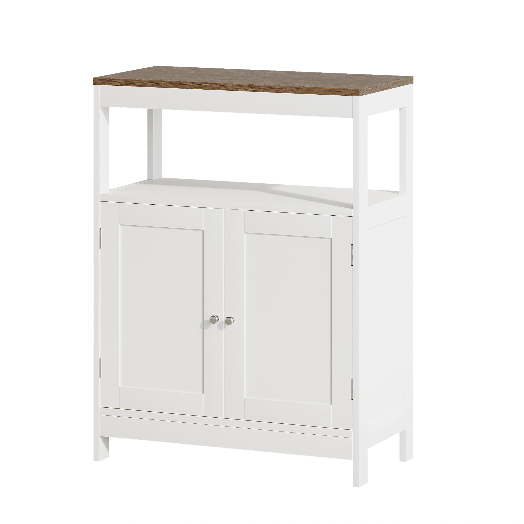 Modern Storage Cabinet with Double Doors, Free-Standing Bathroom Cabinet with Adjustable Shelf and Natural Wood Top, Multi-Purpose Organizer for Kitchen, Living Room, Bathroom or Entryway – White view 15