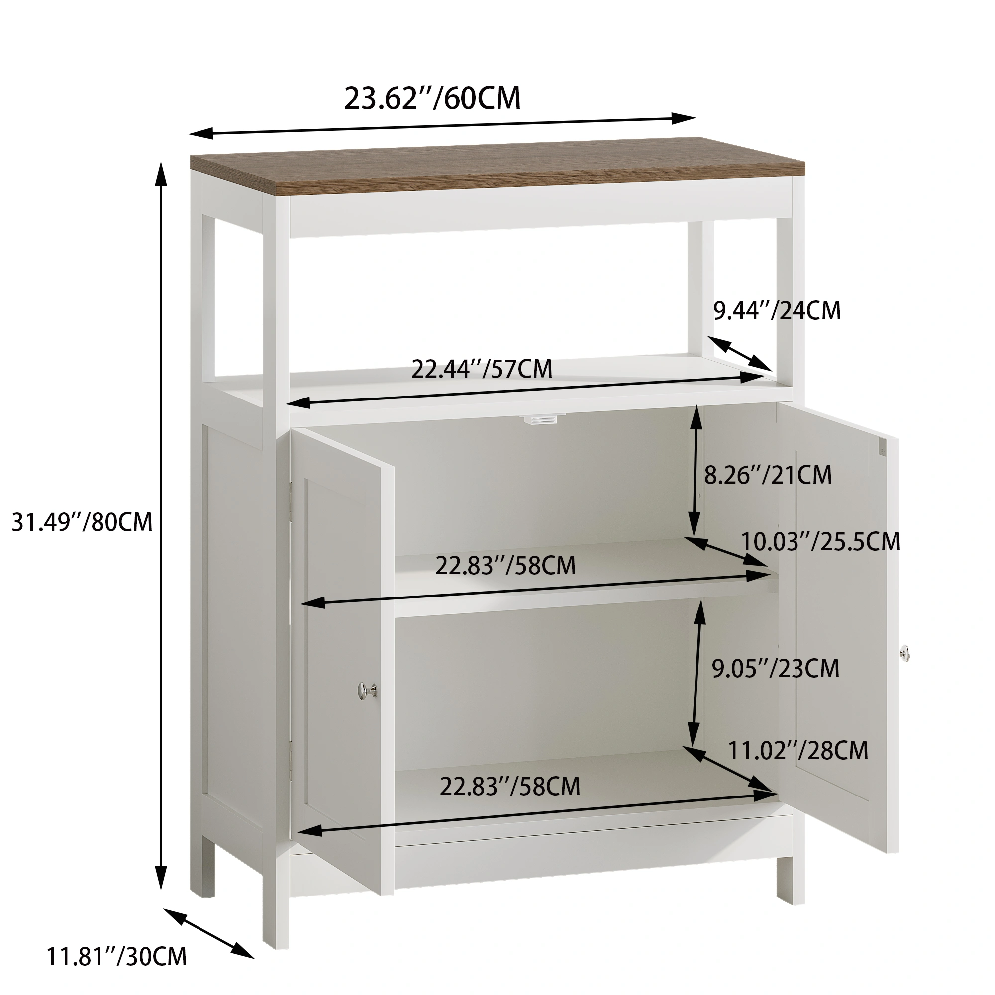 Modern Storage Cabinet with Double Doors, Free-Standing Bathroom Cabinet with Adjustable Shelf and Natural Wood Top, Multi-Purpose Organizer for Kitchen, Living Room, Bathroom or Entryway – White view 16