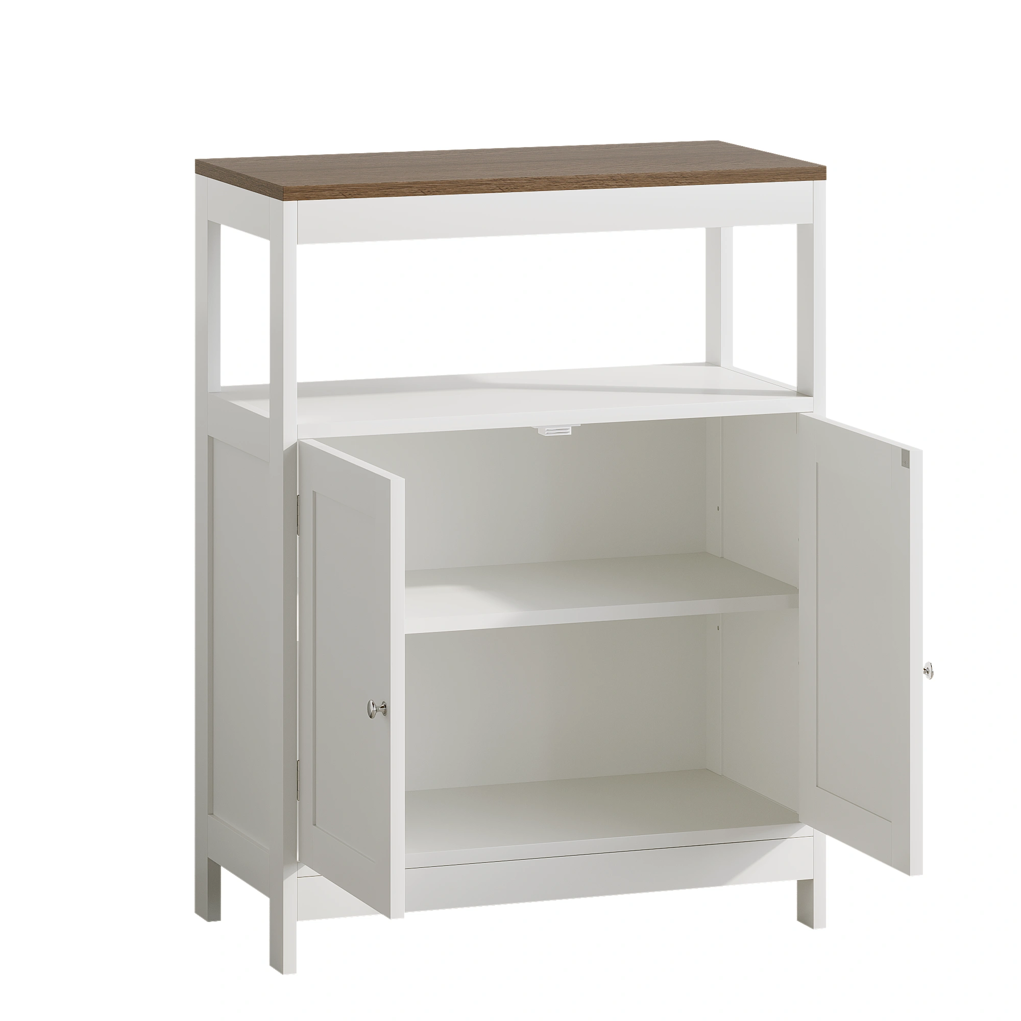 Modern Storage Cabinet with Double Doors, Free-Standing Bathroom Cabinet with Adjustable Shelf and Natural Wood Top, Multi-Purpose Organizer for Kitchen, Living Room, Bathroom or Entryway – White view 17