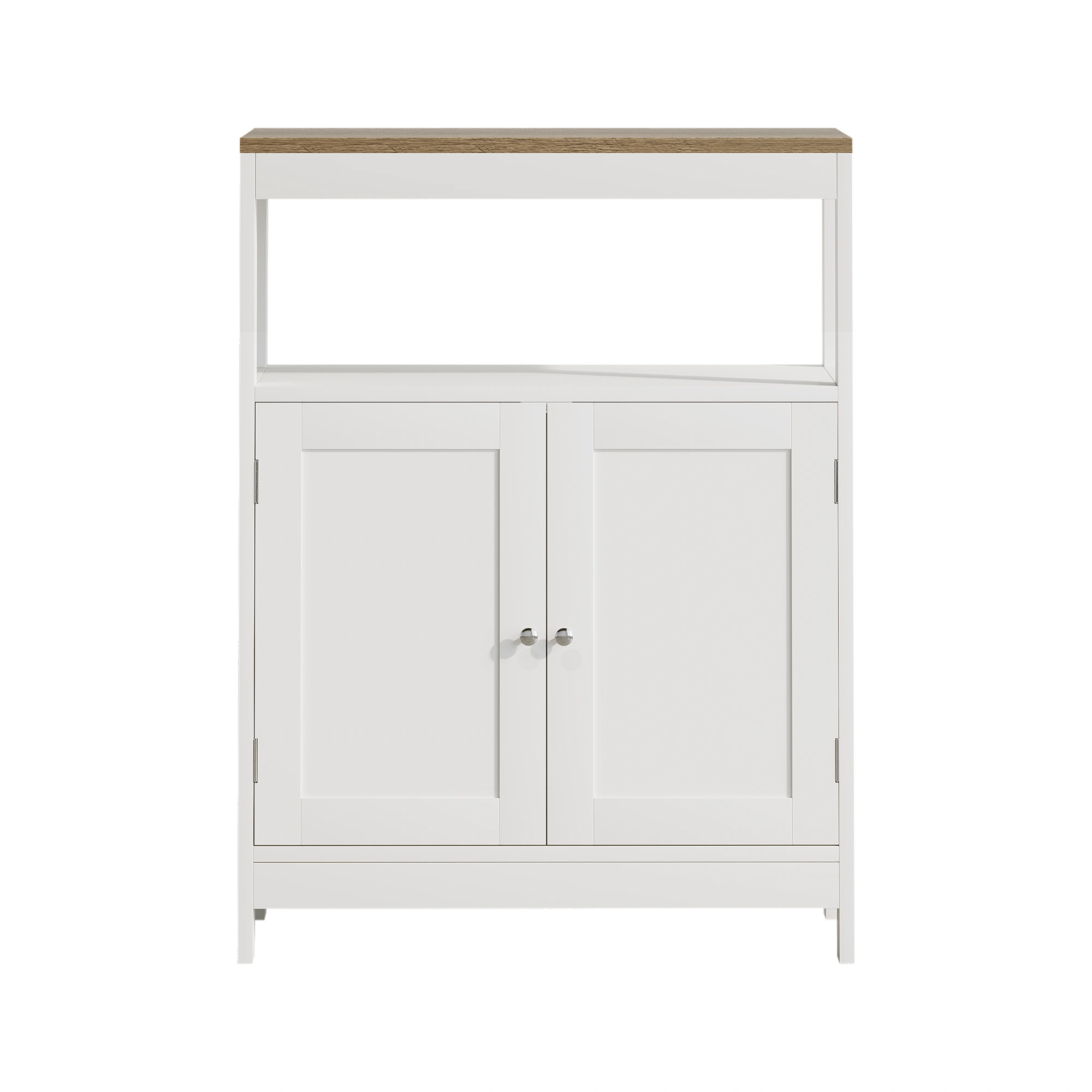 Modern Storage Cabinet with Double Doors, Free-Standing Bathroom Cabinet with Adjustable Shelf and Natural Wood Top, Multi-Purpose Organizer for Kitchen, Living Room, Bathroom or Entryway – White view 18