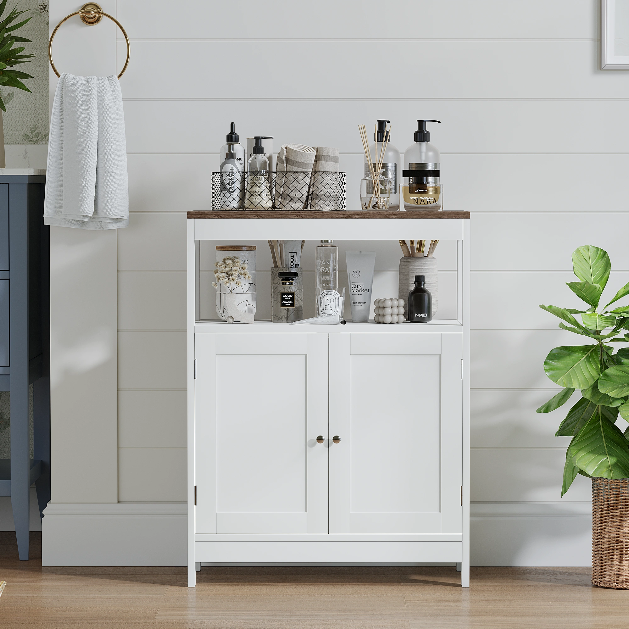 Modern Storage Cabinet with Double Doors, Free-Standing Bathroom Cabinet with Adjustable Shelf and Natural Wood Top, Multi-Purpose Organizer for Kitchen, Living Room, Bathroom or Entryway – White view 19