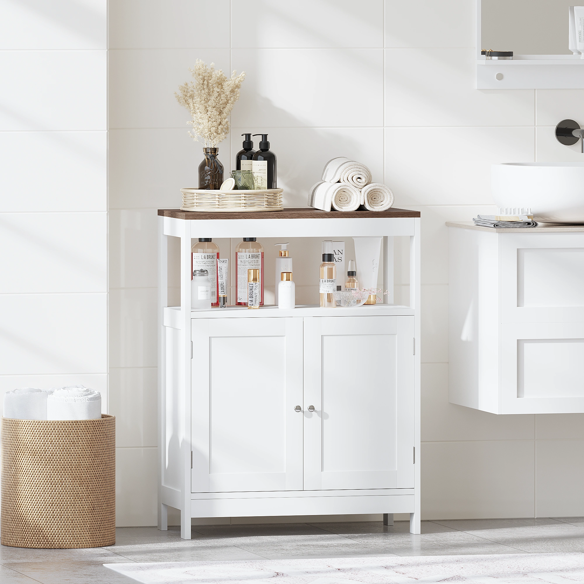 Modern Storage Cabinet with Double Doors, Free-Standing Bathroom Cabinet with Adjustable Shelf and Natural Wood Top, Multi-Purpose Organizer for Kitchen, Living Room, Bathroom or Entryway – White view 2