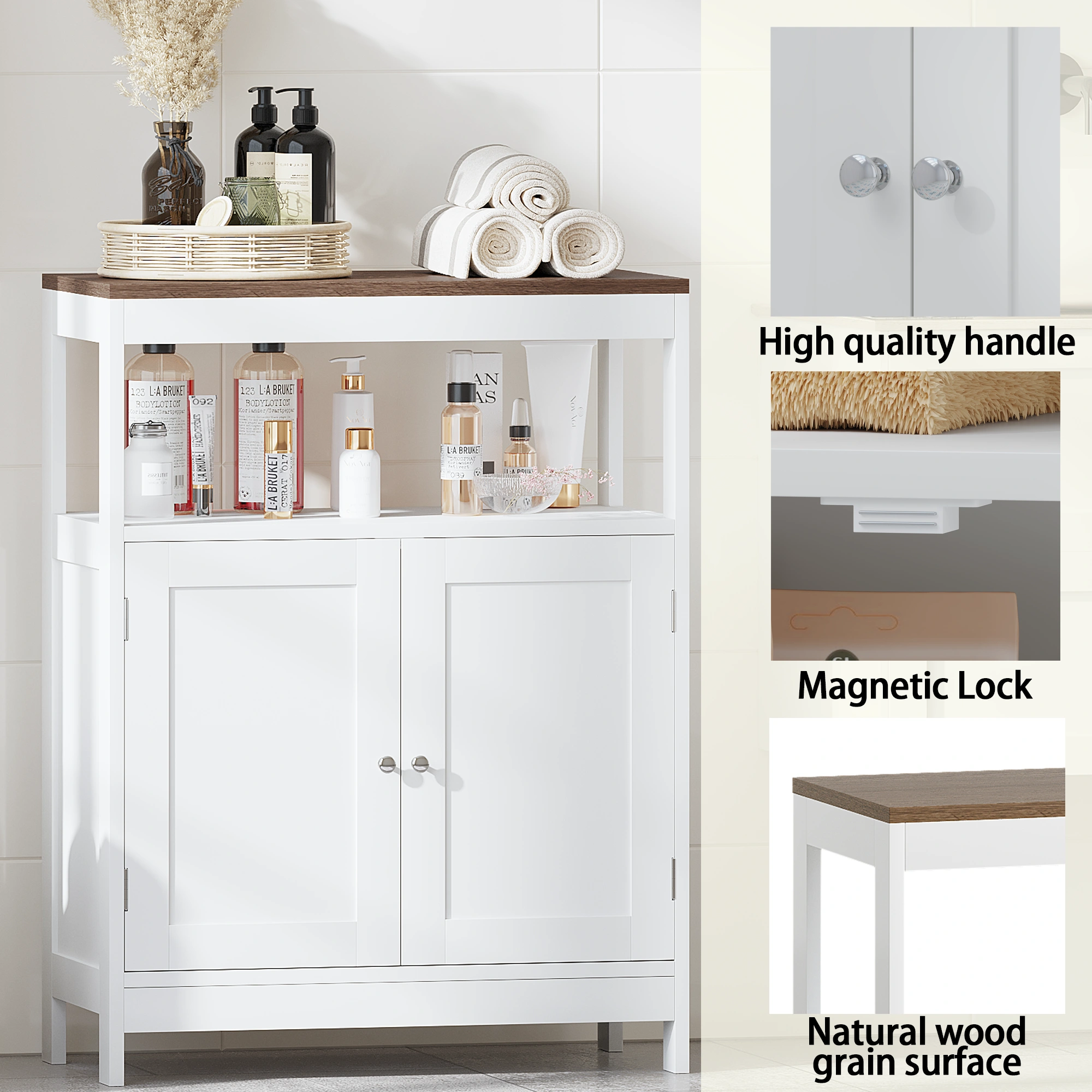 Modern Storage Cabinet with Double Doors, Free-Standing Bathroom Cabinet with Adjustable Shelf and Natural Wood Top, Multi-Purpose Organizer for Kitchen, Living Room, Bathroom or Entryway – White view 20