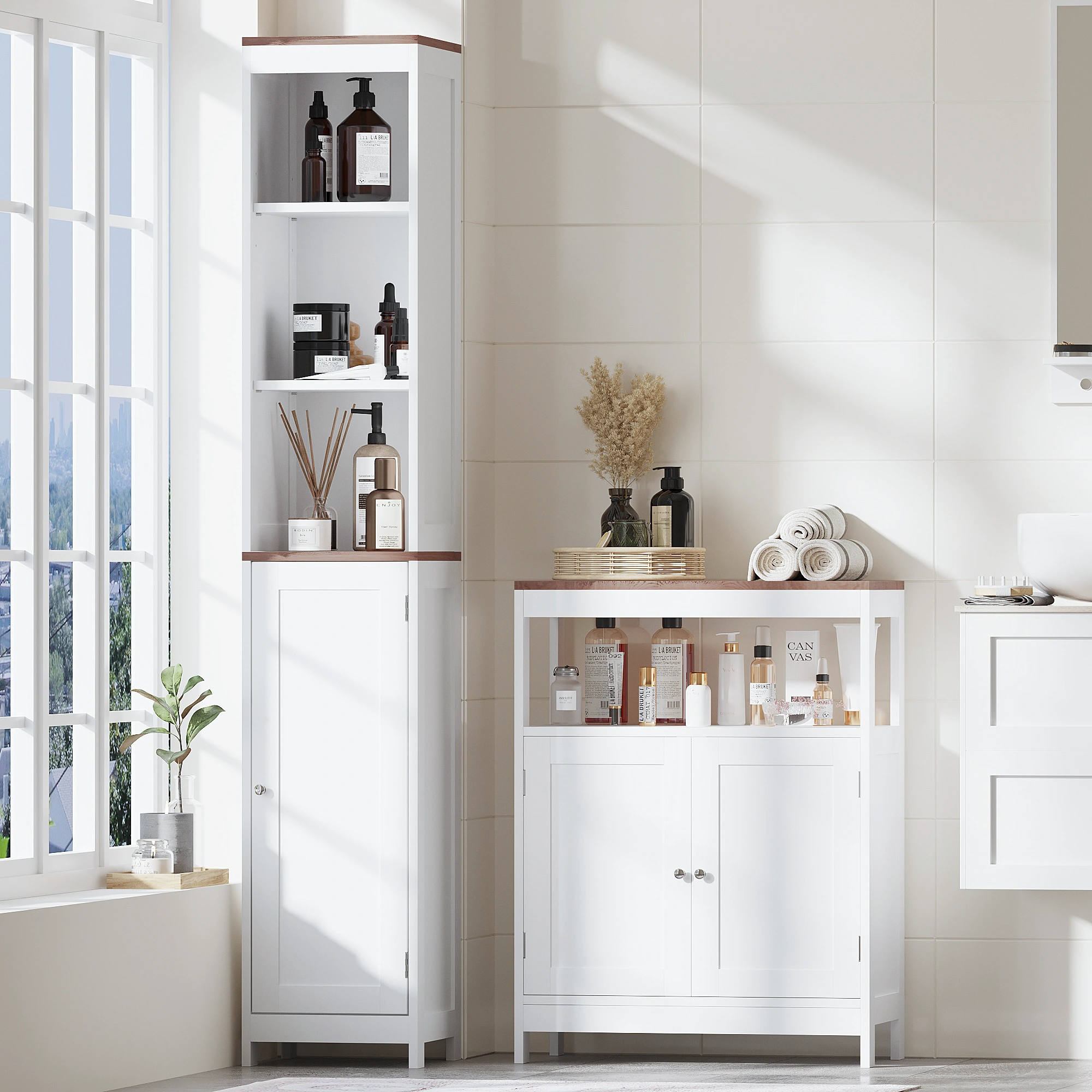 Modern Storage Cabinet with Double Doors, Free-Standing Bathroom Cabinet with Adjustable Shelf and Natural Wood Top, Multi-Purpose Organizer for Kitchen, Living Room, Bathroom or Entryway – White view 21