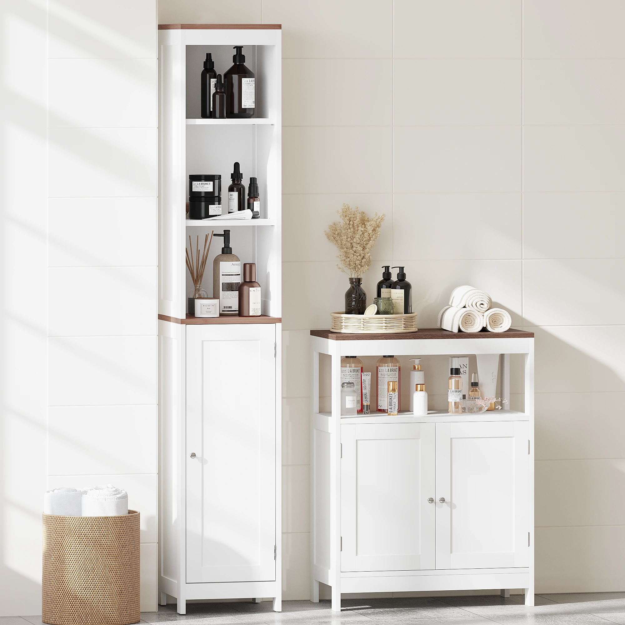 Modern Storage Cabinet with Double Doors, Free-Standing Bathroom Cabinet with Adjustable Shelf and Natural Wood Top, Multi-Purpose Organizer for Kitchen, Living Room, Bathroom or Entryway – White view 22