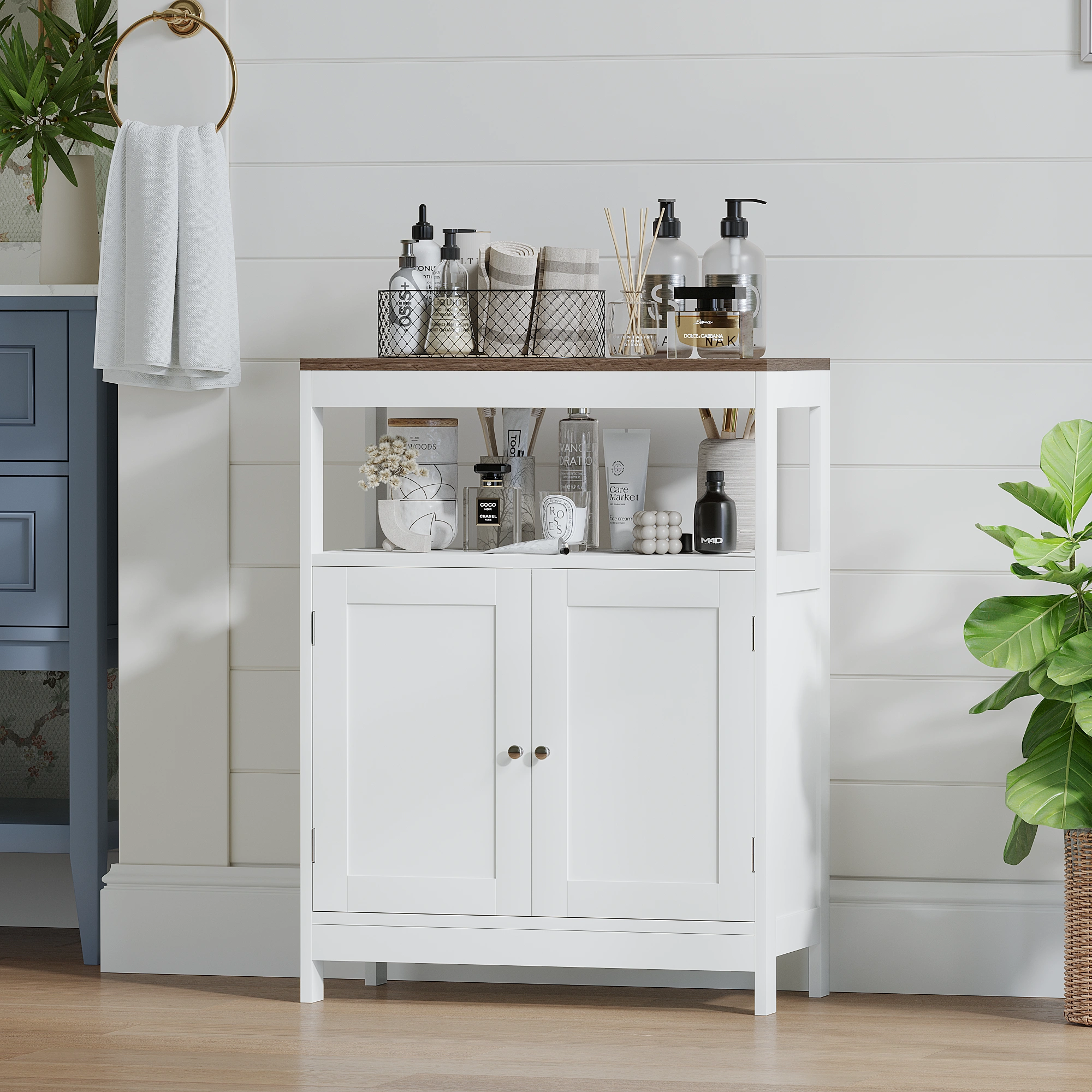 Modern Storage Cabinet with Double Doors, Free-Standing Bathroom Cabinet with Adjustable Shelf and Natural Wood Top, Multi-Purpose Organizer for Kitchen, Living Room, Bathroom or Entryway – White view 23