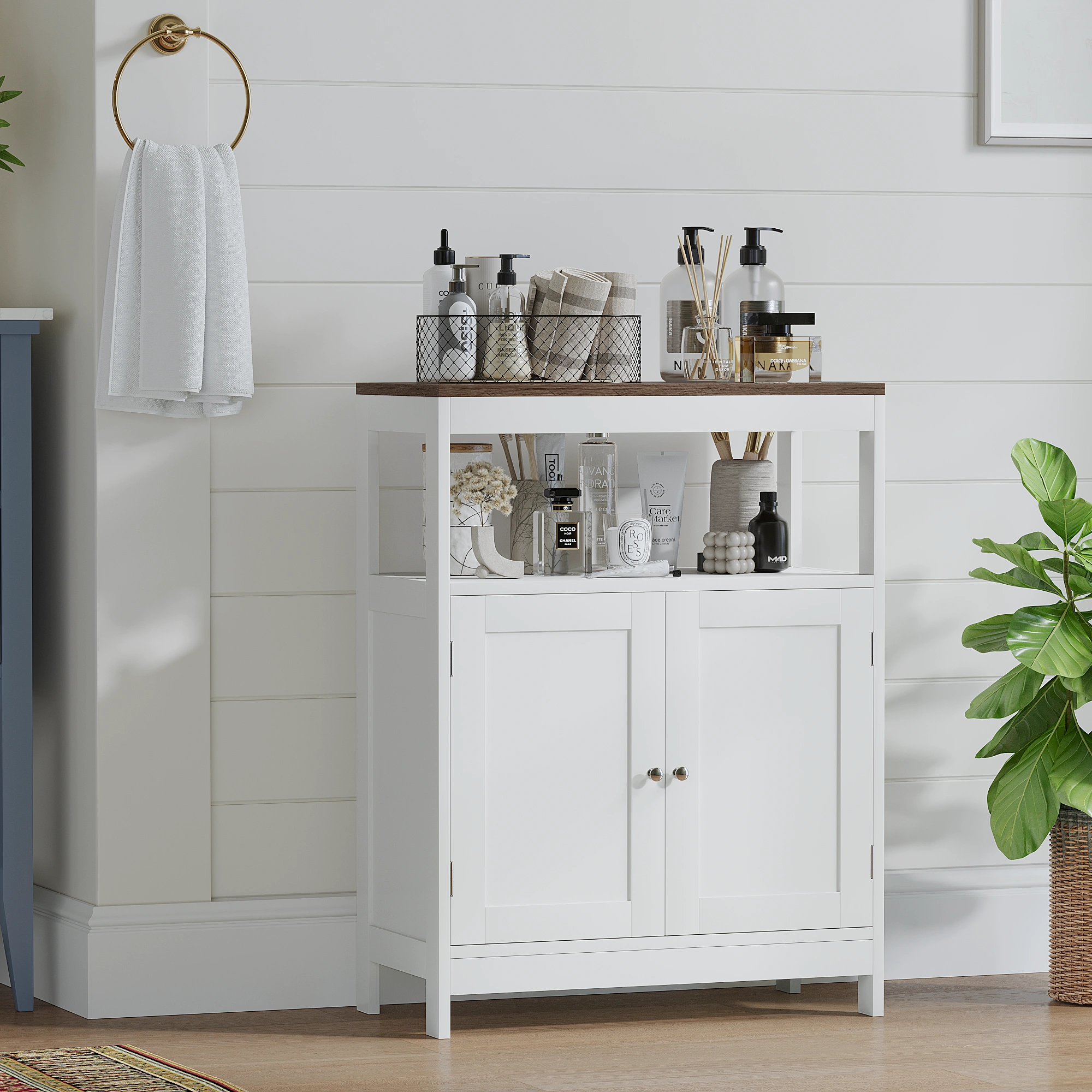 Modern Storage Cabinet with Double Doors, Free-Standing Bathroom Cabinet with Adjustable Shelf and Natural Wood Top, Multi-Purpose Organizer for Kitchen, Living Room, Bathroom or Entryway – White view 3