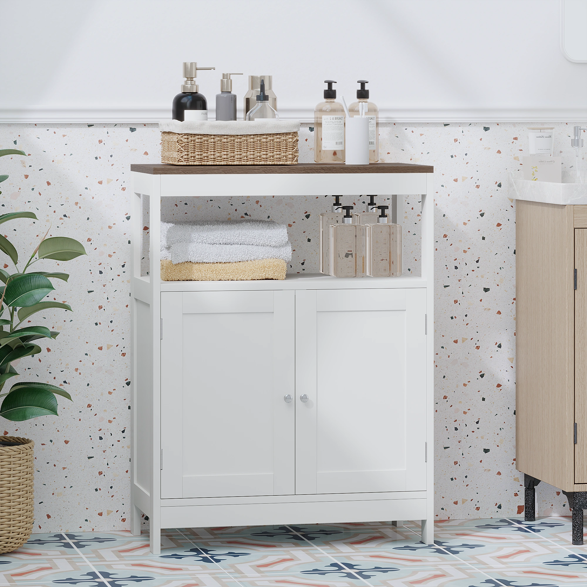 Modern Storage Cabinet with Double Doors, Free-Standing Bathroom Cabinet with Adjustable Shelf and Natural Wood Top, Multi-Purpose Organizer for Kitchen, Living Room, Bathroom or Entryway – White view 4
