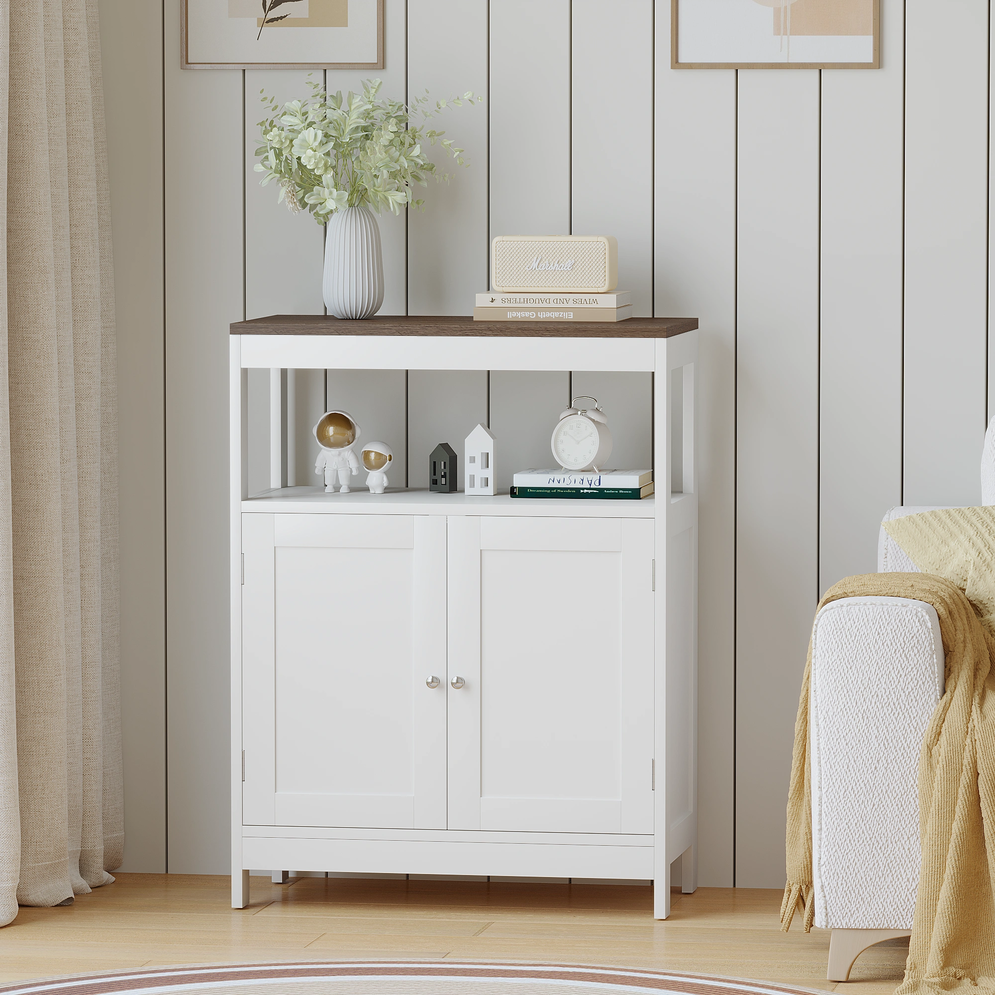 Modern Storage Cabinet with Double Doors, Free-Standing Bathroom Cabinet with Adjustable Shelf and Natural Wood Top, Multi-Purpose Organizer for Kitchen, Living Room, Bathroom or Entryway – White view 5
