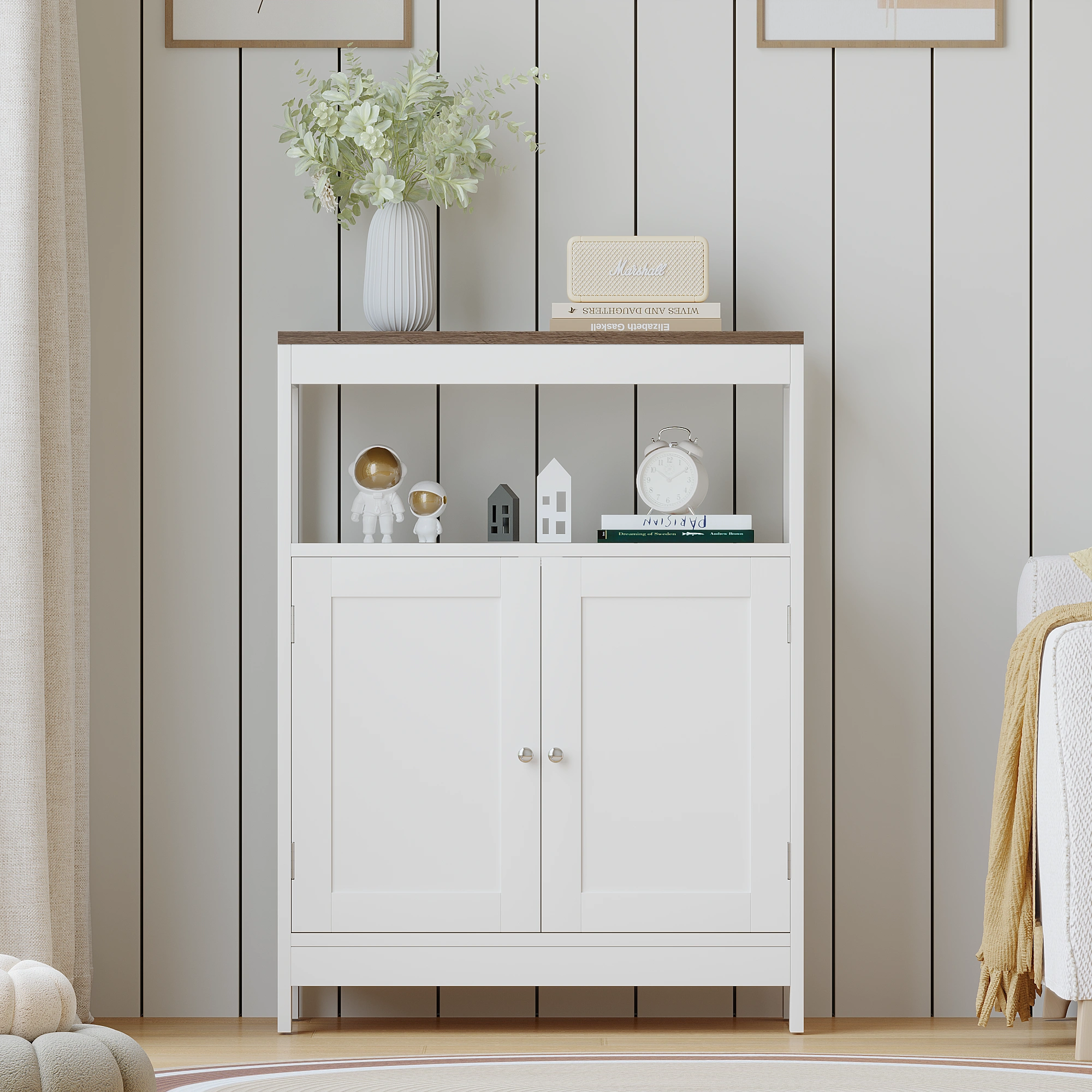 Modern Storage Cabinet with Double Doors, Free-Standing Bathroom Cabinet with Adjustable Shelf and Natural Wood Top, Multi-Purpose Organizer for Kitchen, Living Room, Bathroom or Entryway – White view 6