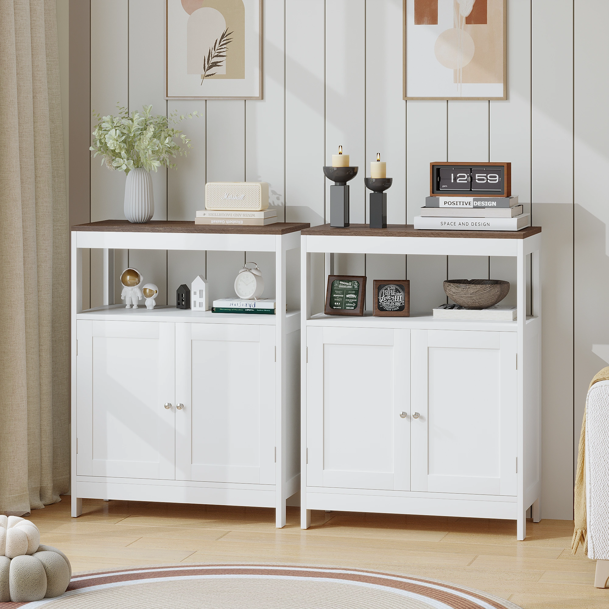 Modern Storage Cabinet with Double Doors, Free-Standing Bathroom Cabinet with Adjustable Shelf and Natural Wood Top, Multi-Purpose Organizer for Kitchen, Living Room, Bathroom or Entryway – White view 7