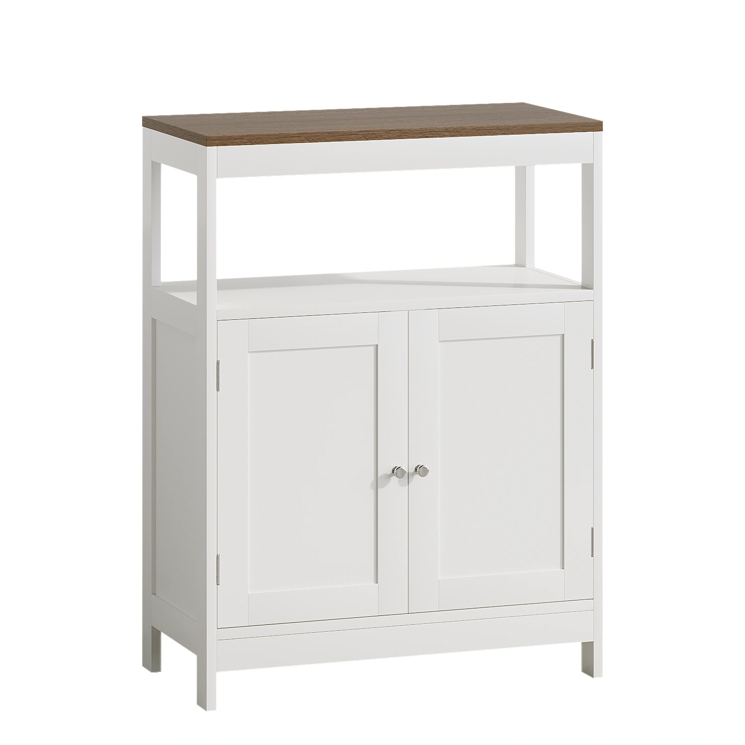 Modern Storage Cabinet with Double Doors, Free-Standing Bathroom Cabinet with Adjustable Shelf and Natural Wood Top, Multi-Purpose Organizer for Kitchen, Living Room, Bathroom or Entryway – White view 8