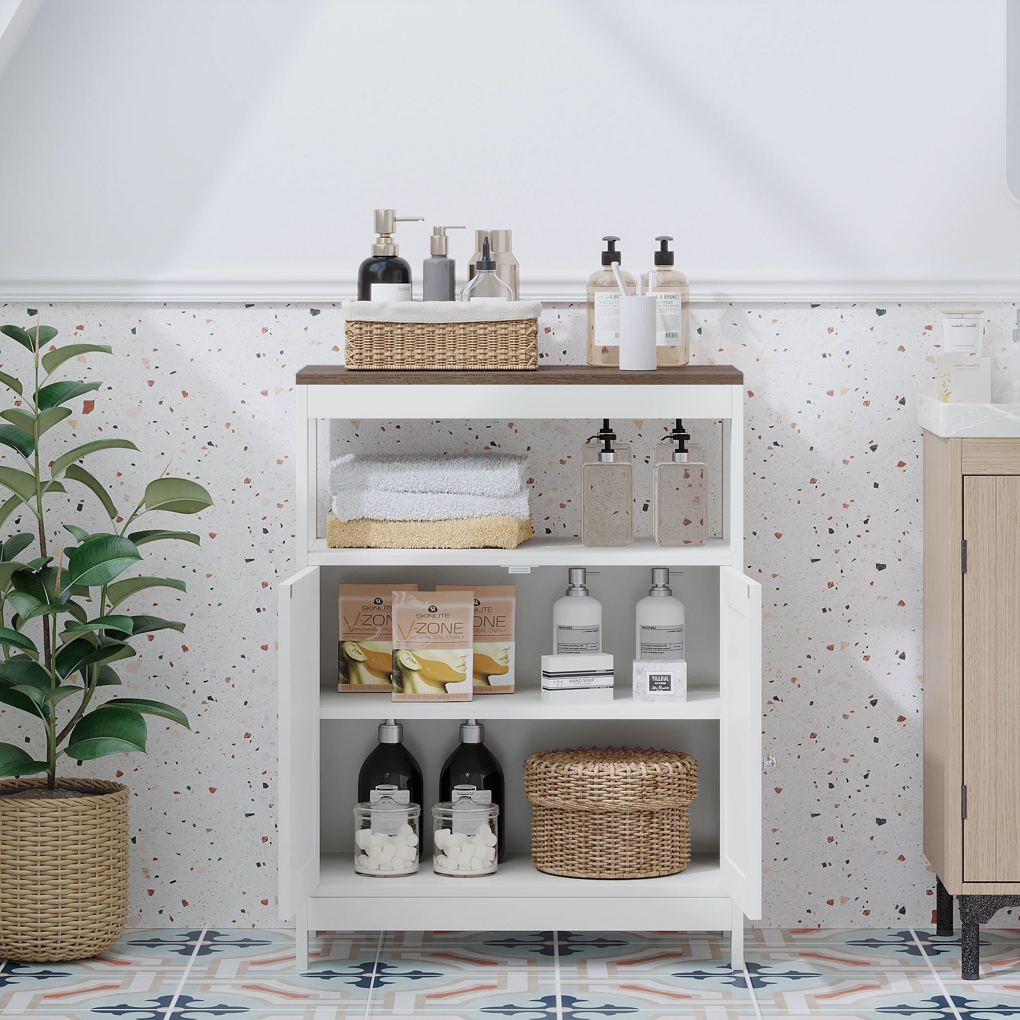 Modern Storage Cabinet with Double Doors, Free-Standing Bathroom Cabinet with Adjustable Shelf and Natural Wood Top, Multi-Purpose Organizer for Kitchen, Living Room, Bathroom or Entryway – White view 9