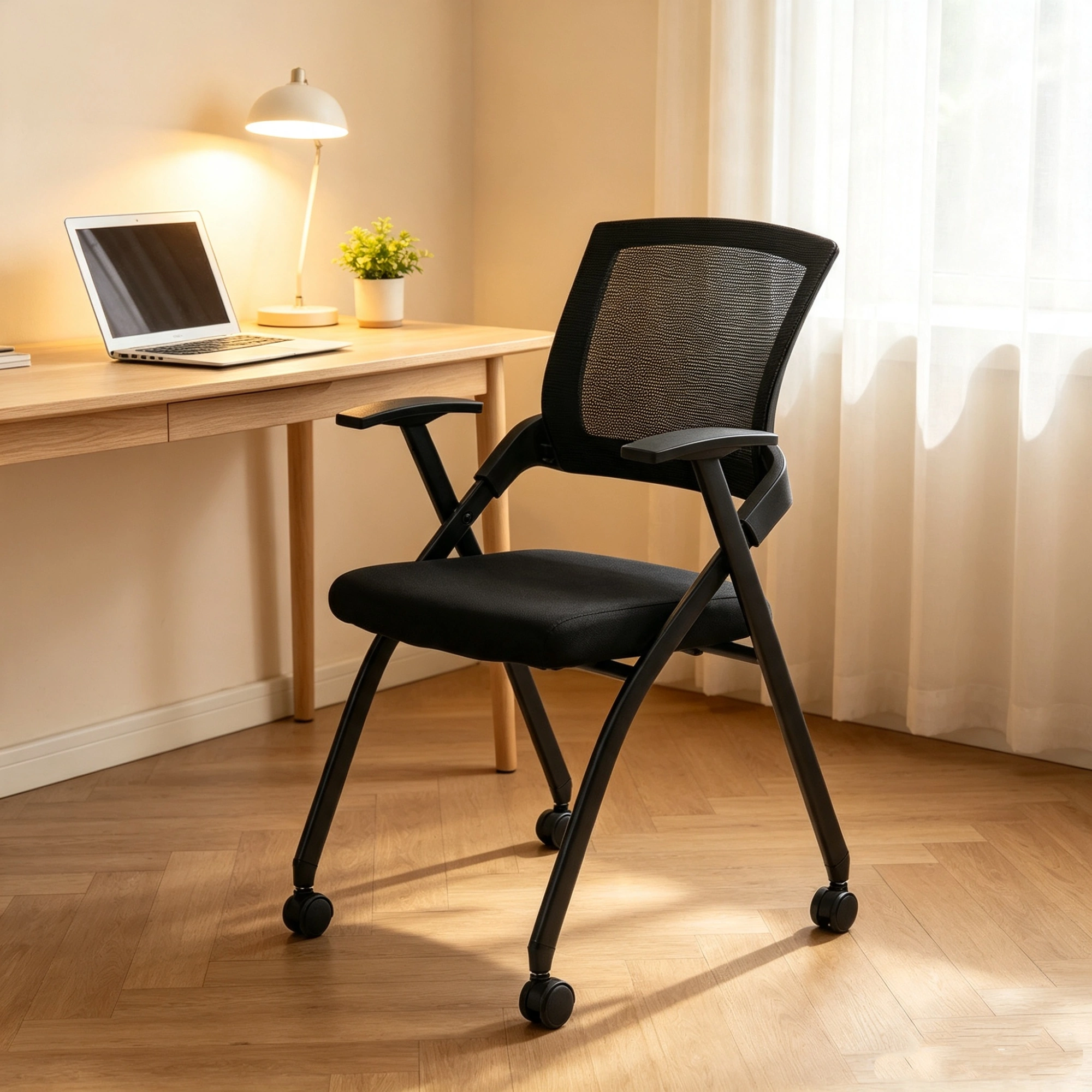 2 Pack Stackable Conference Room Chairs with Wheels, Folding Office Chair with Rebound Back, Padded Seat for Training Room, Guest, Reception, Event, Capacity 350lbs, Black view 11