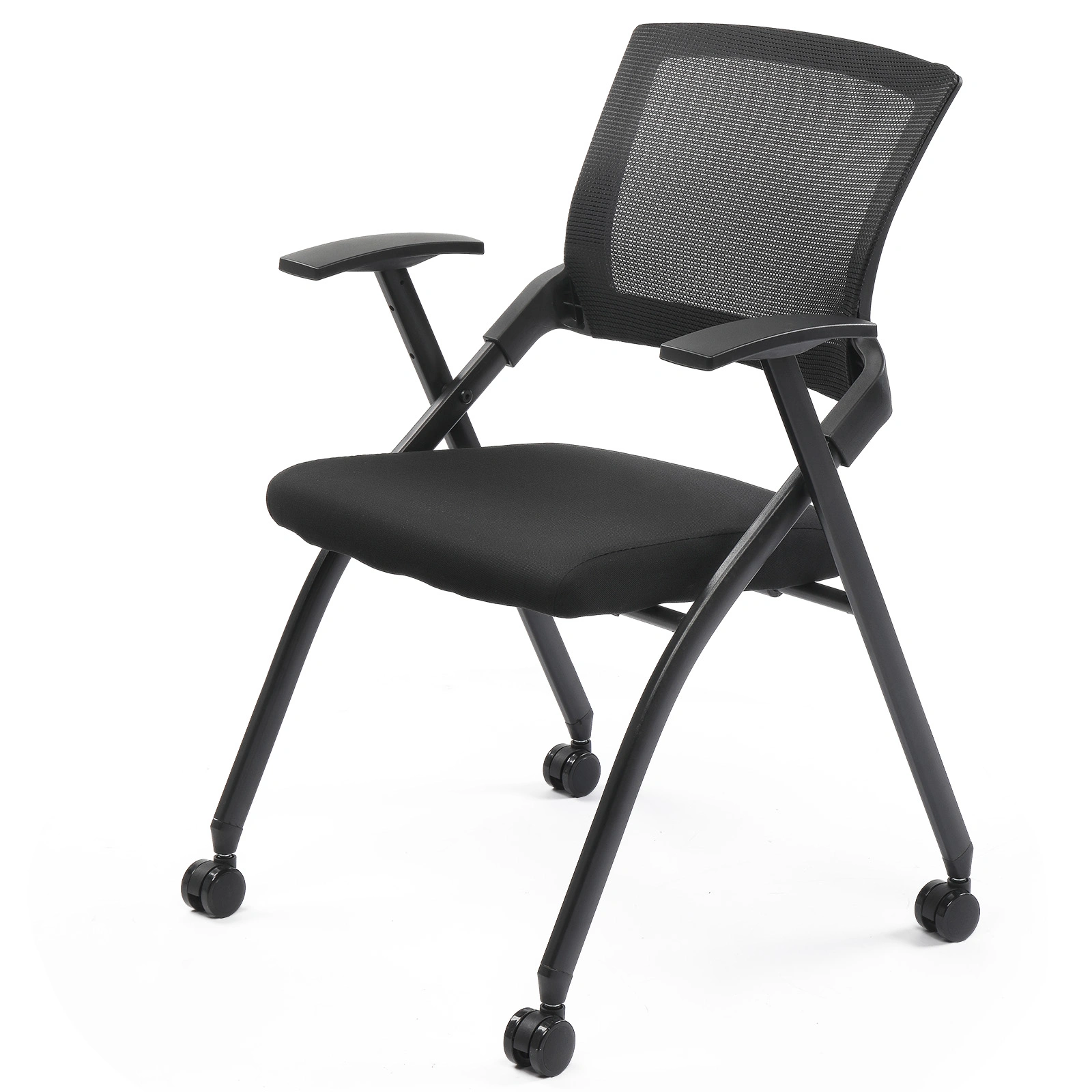 2 Pack Stackable Conference Room Chairs with Wheels, Folding Office Chair with Rebound Back, Padded Seat for Training Room, Guest, Reception, Event, Capacity 350lbs, Black view 2