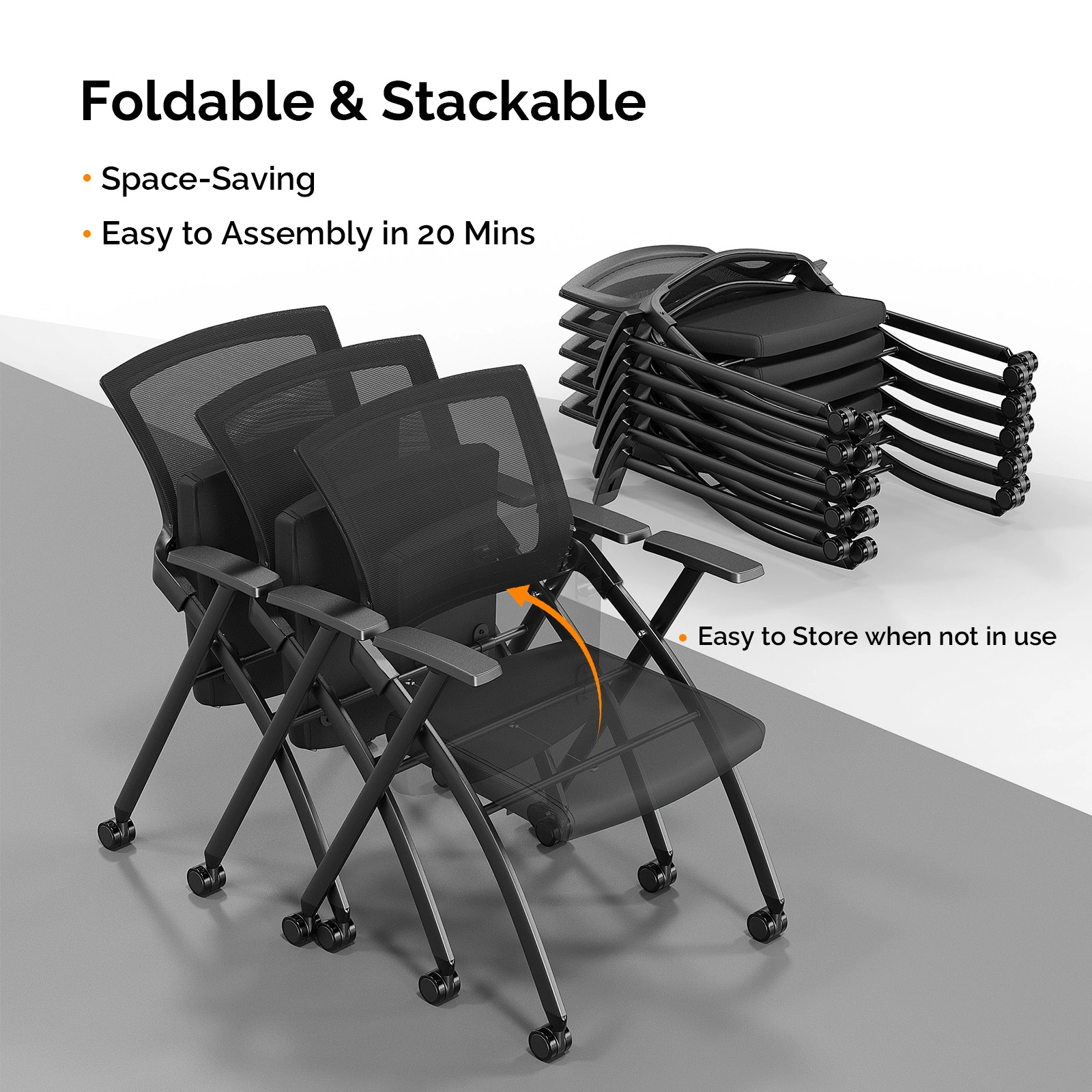 2 Pack Stackable Conference Room Chairs with Wheels, Folding Office Chair with Rebound Back, Padded Seat for Training Room, Guest, Reception, Event, Capacity 350lbs, Black view 5