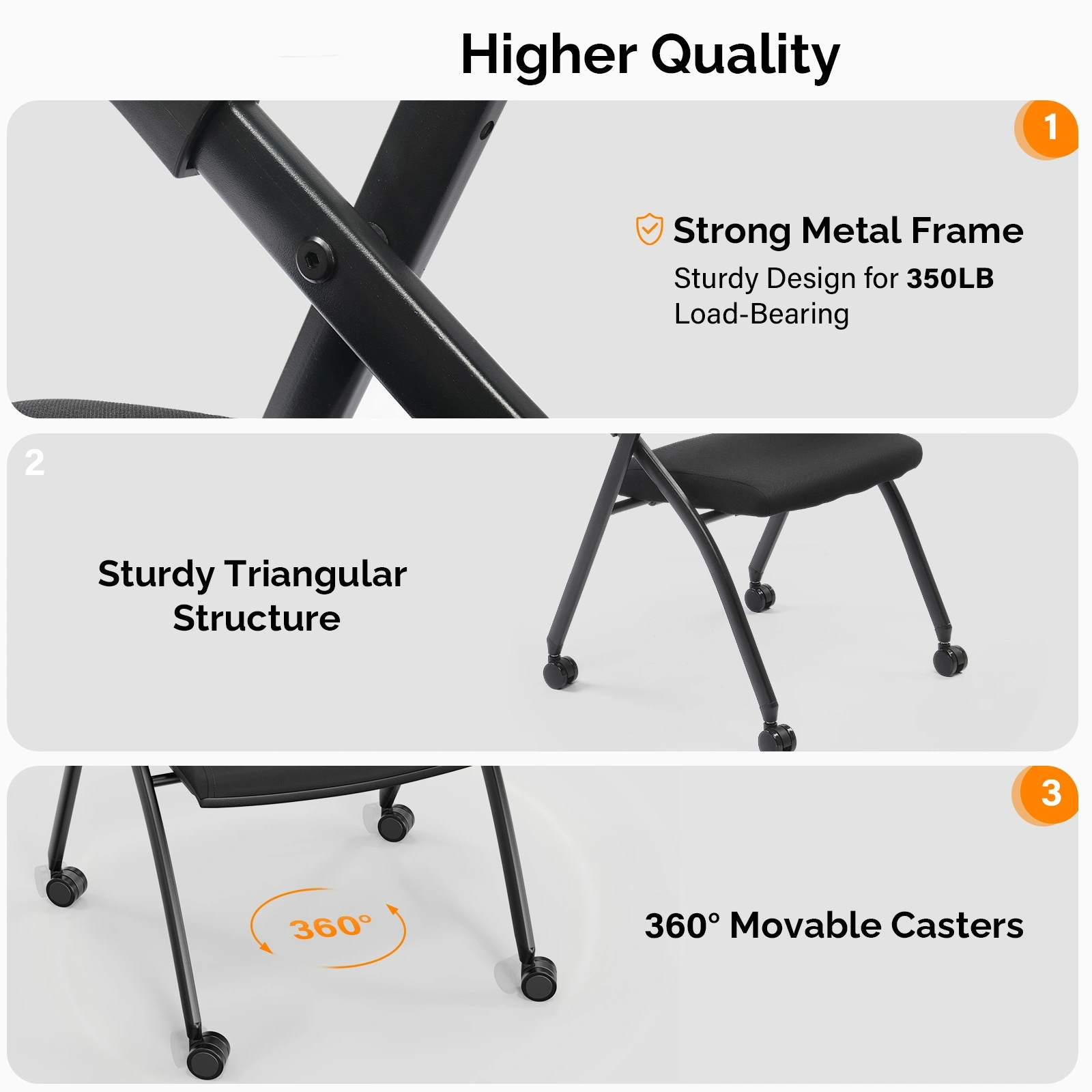 2 Pack Stackable Conference Room Chairs with Wheels, Folding Office Chair with Rebound Back, Padded Seat for Training Room, Guest, Reception, Event, Capacity 350lbs, Black view 7