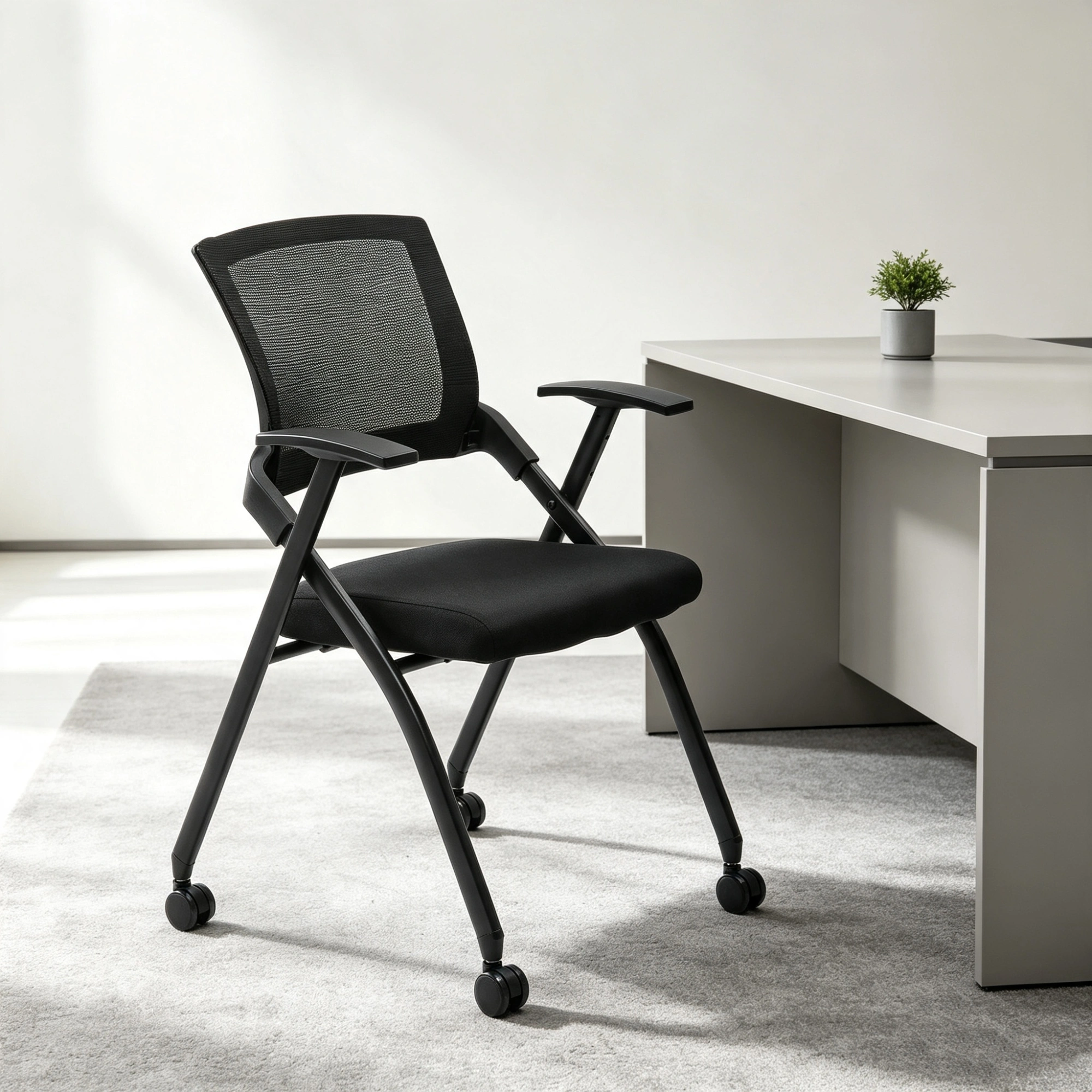 2 Pack Stackable Conference Room Chairs with Wheels, Folding Office Chair with Rebound Back, Padded Seat for Training Room, Guest, Reception, Event, Capacity 350lbs, Black view 9