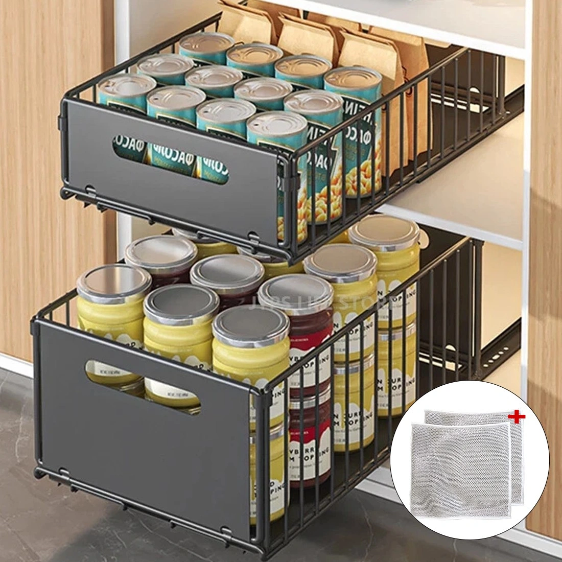 2 Pack Pull Out Cabinet Organizers - Slide Out Drawer Shelves Extendable Storage for Kitchen view 2