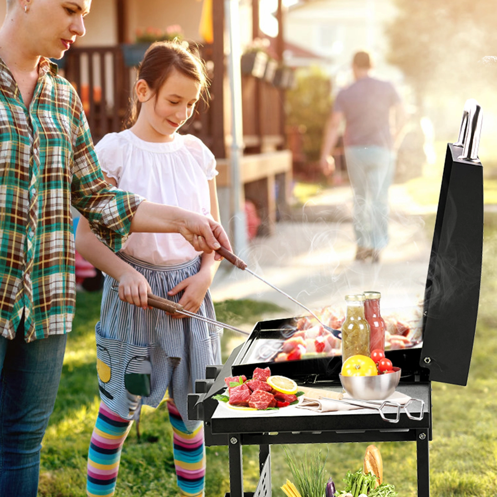 3-Burner Flat Top Gas Griddle Cooking Station with Ceramic Coated Cast Iron Pan, 30,000 BTU Propane Fuelled Griddle Station with Side Shelves & Spice Rack for Outdoor Barbecue Backyard Cookout view 11