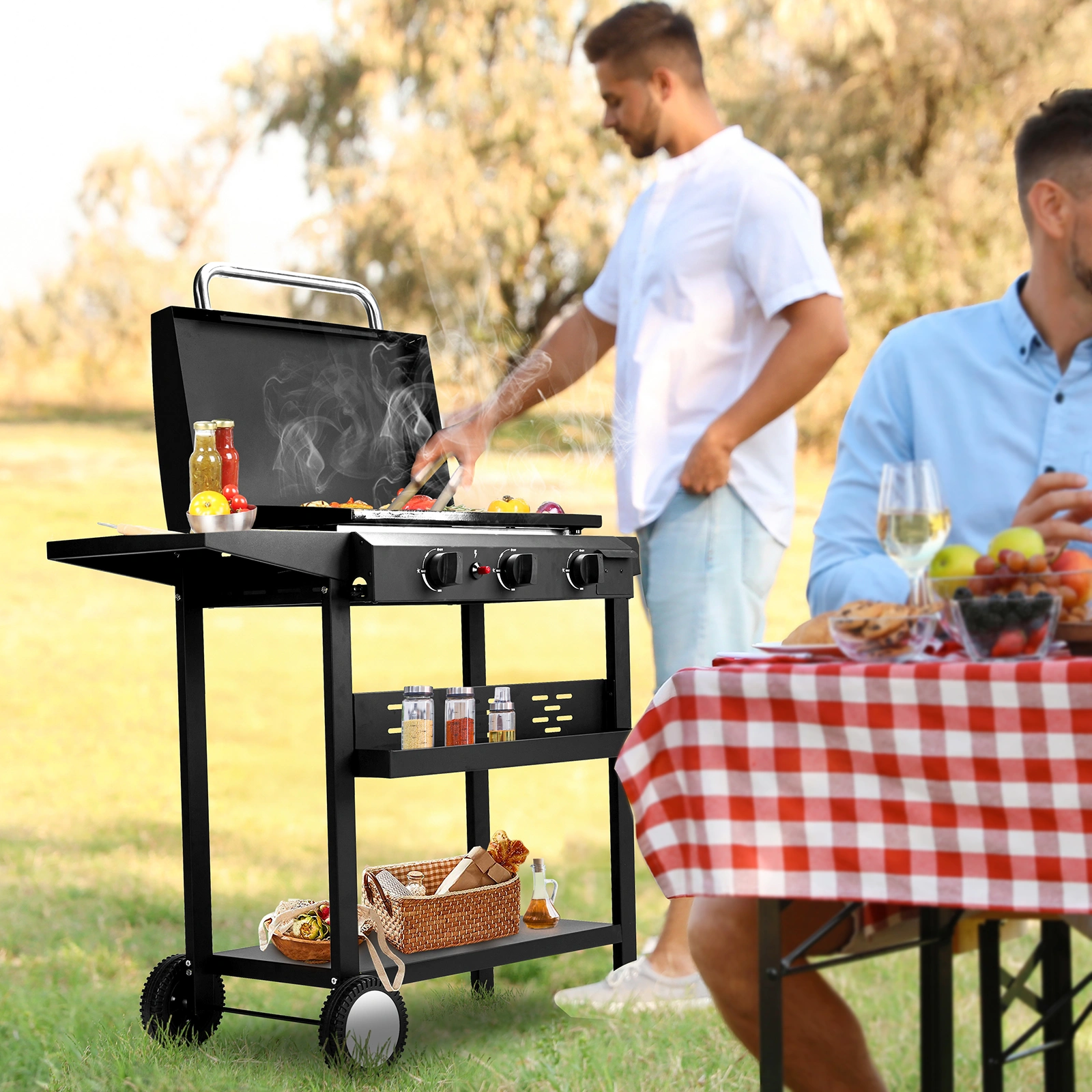 3-Burner Flat Top Gas Griddle Cooking Station with Ceramic Coated Cast Iron Pan, 30,000 BTU Propane Fuelled Griddle Station with Side Shelves & Spice Rack for Outdoor Barbecue Backyard Cookout view 13