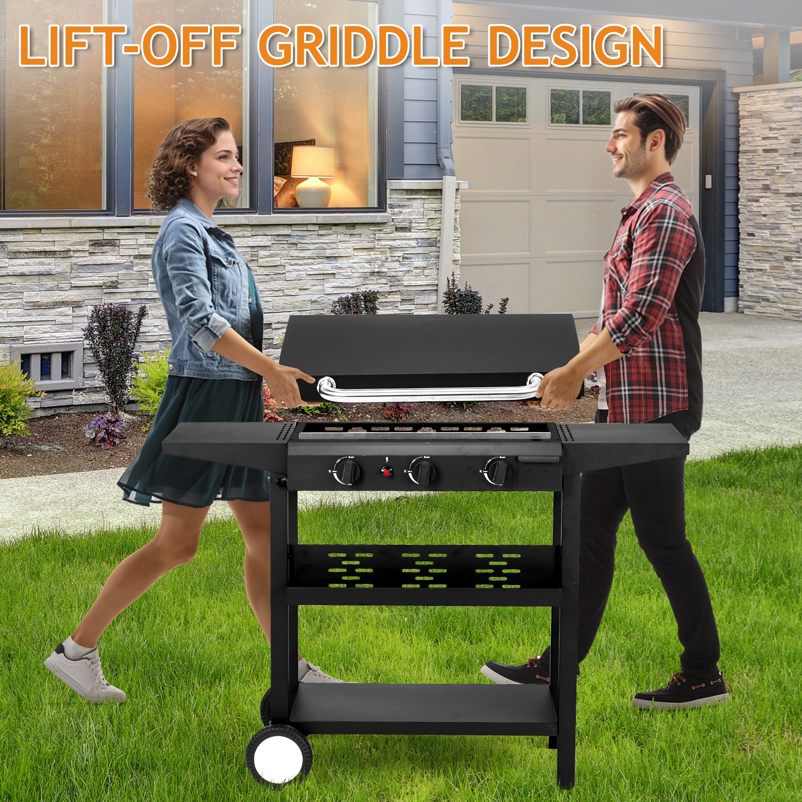 3-Burner Flat Top Gas Griddle Cooking Station with Ceramic Coated Cast Iron Pan, 30,000 BTU Propane Fuelled Griddle Station with Side Shelves & Spice Rack for Outdoor Barbecue Backyard Cookout view 15